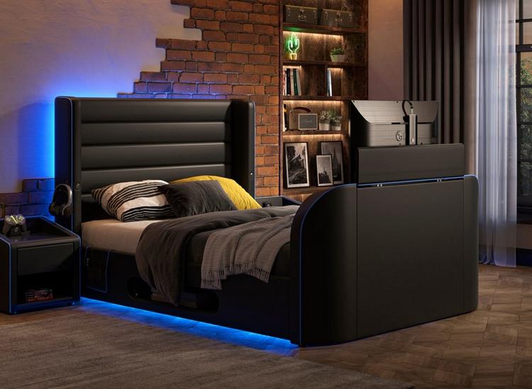 Black bed store with tv