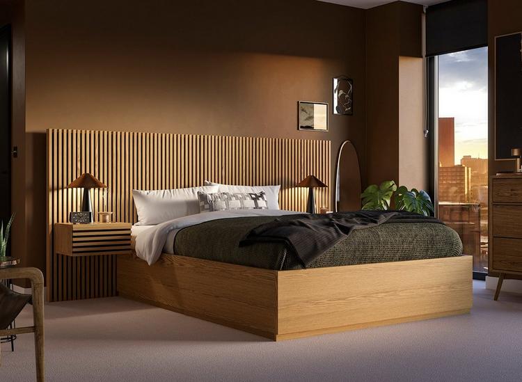 Wooden bed store and bedside tables