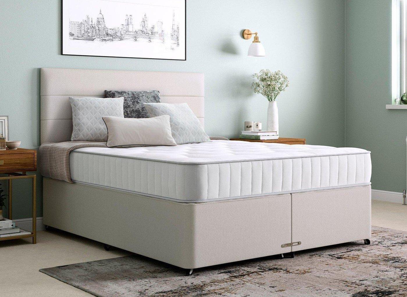 No Headboard 75cm X 190cm Bed Centre Beige Linen Memory Foam Divan Bed With Mattress No Drawers Small single