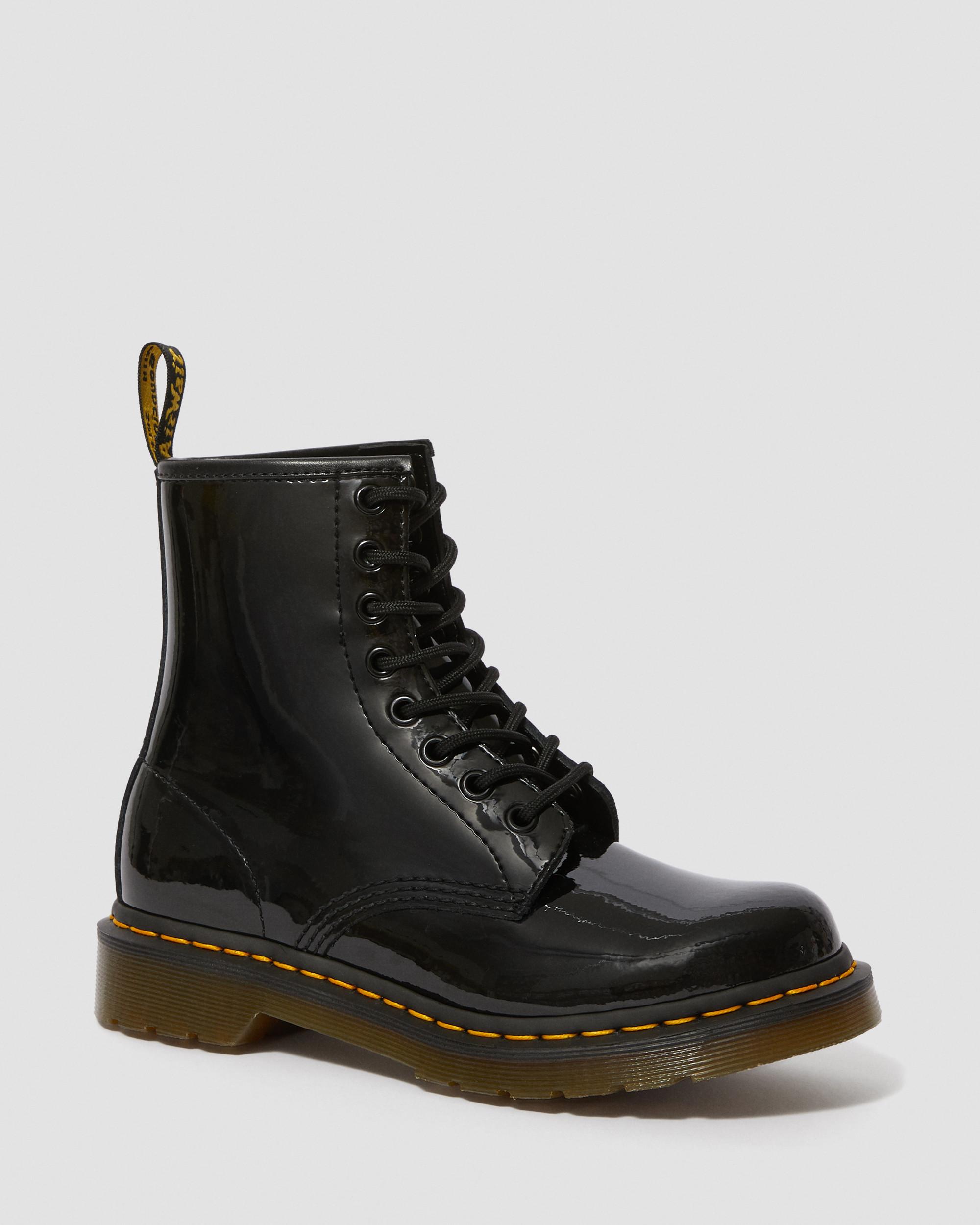 PATENT LEATHER LACE UP BOOTS 