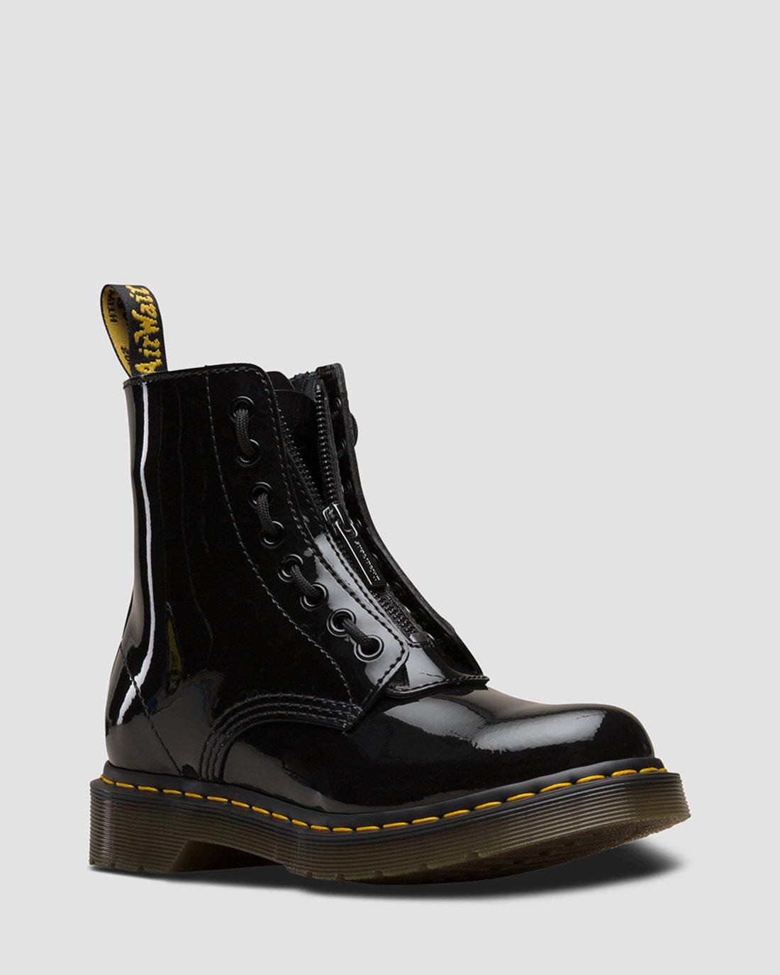 black patent zip front boots
