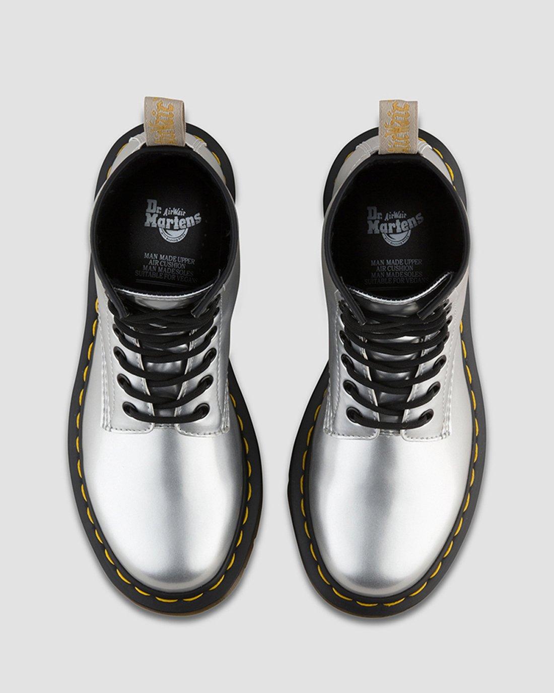 dr martens vegan 1460 red chrome flat ankle boots