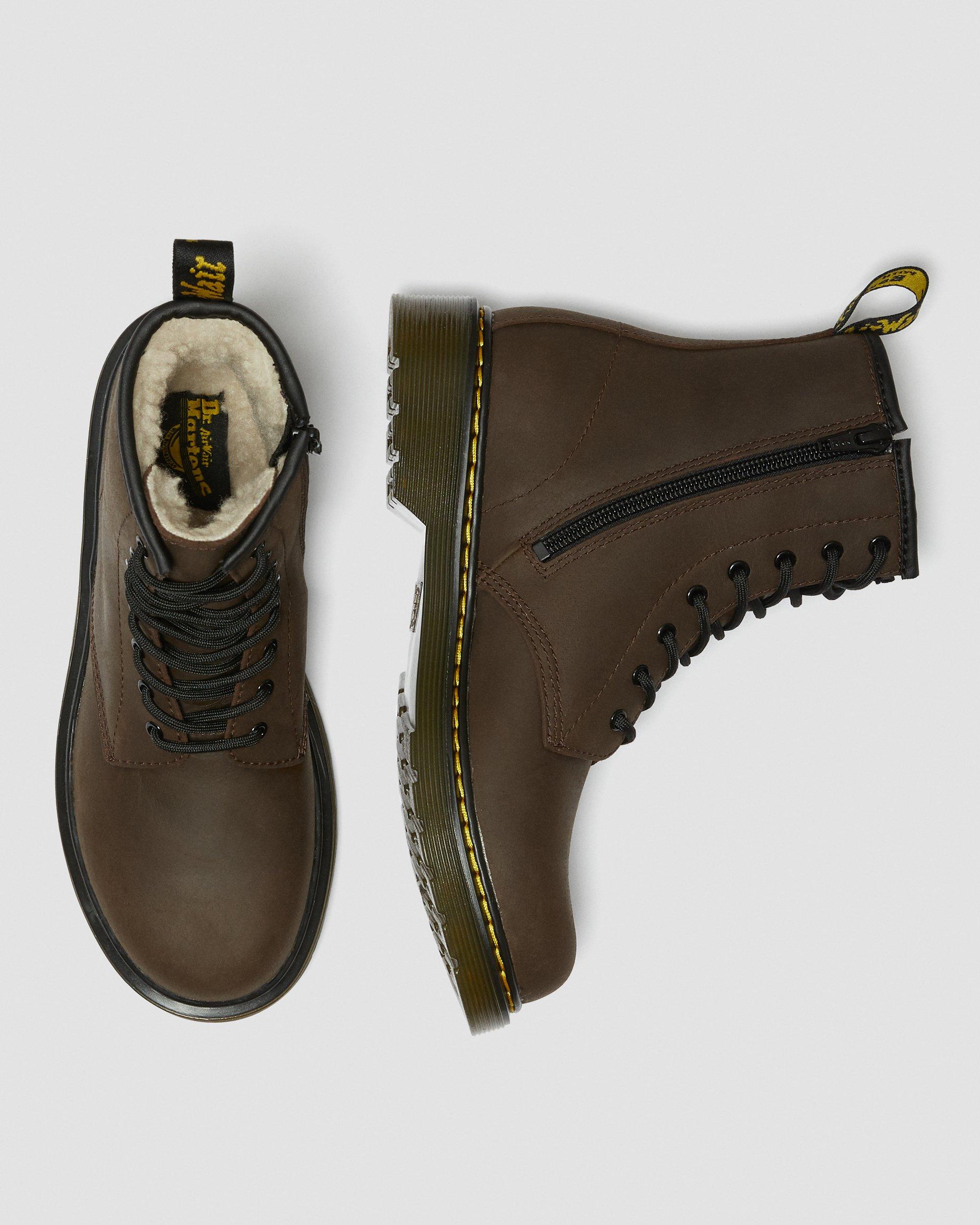 brown fluffy doc martens