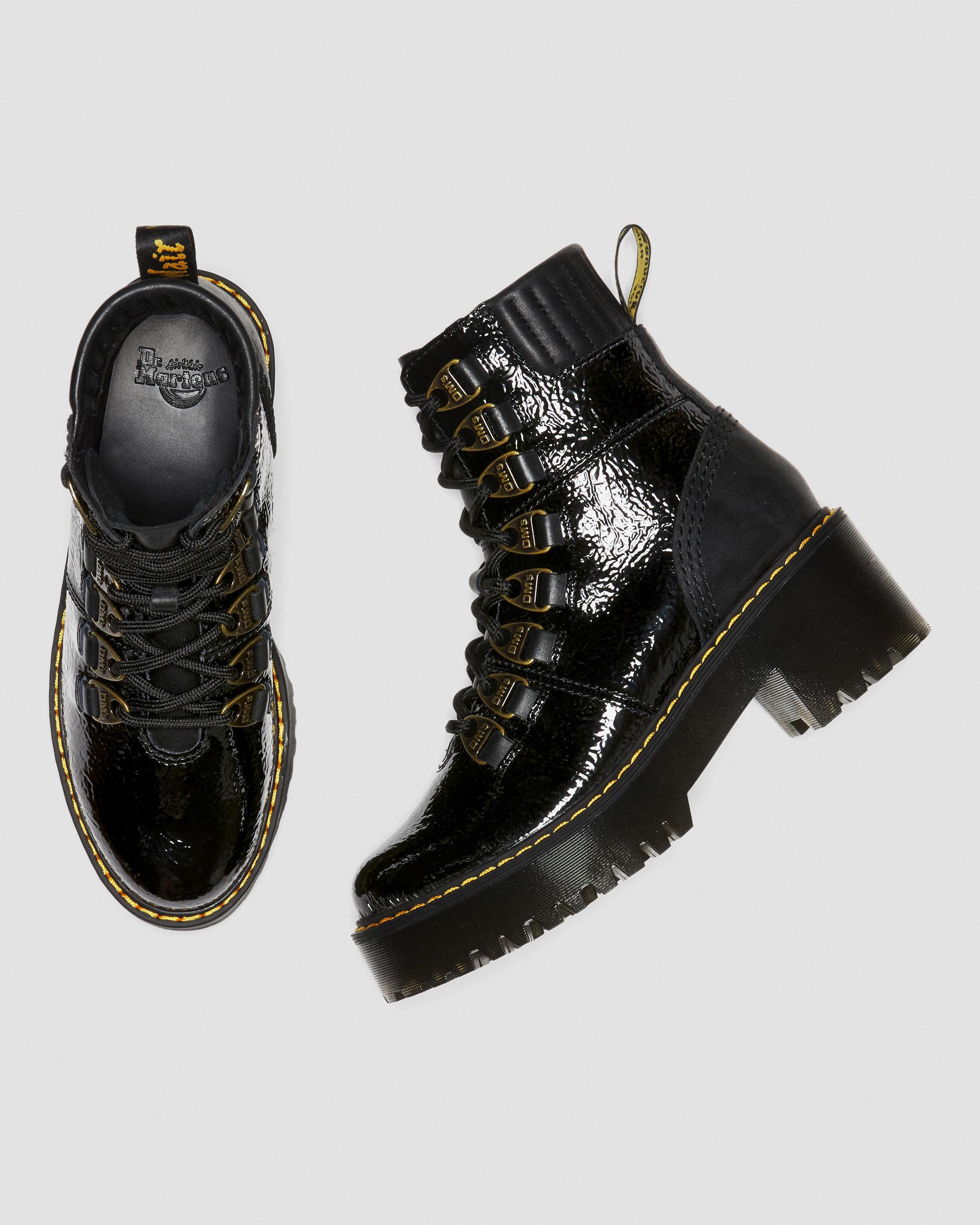 DR MARTENS Laurenne Distressed Patent Leather Lace Up Heel Boots