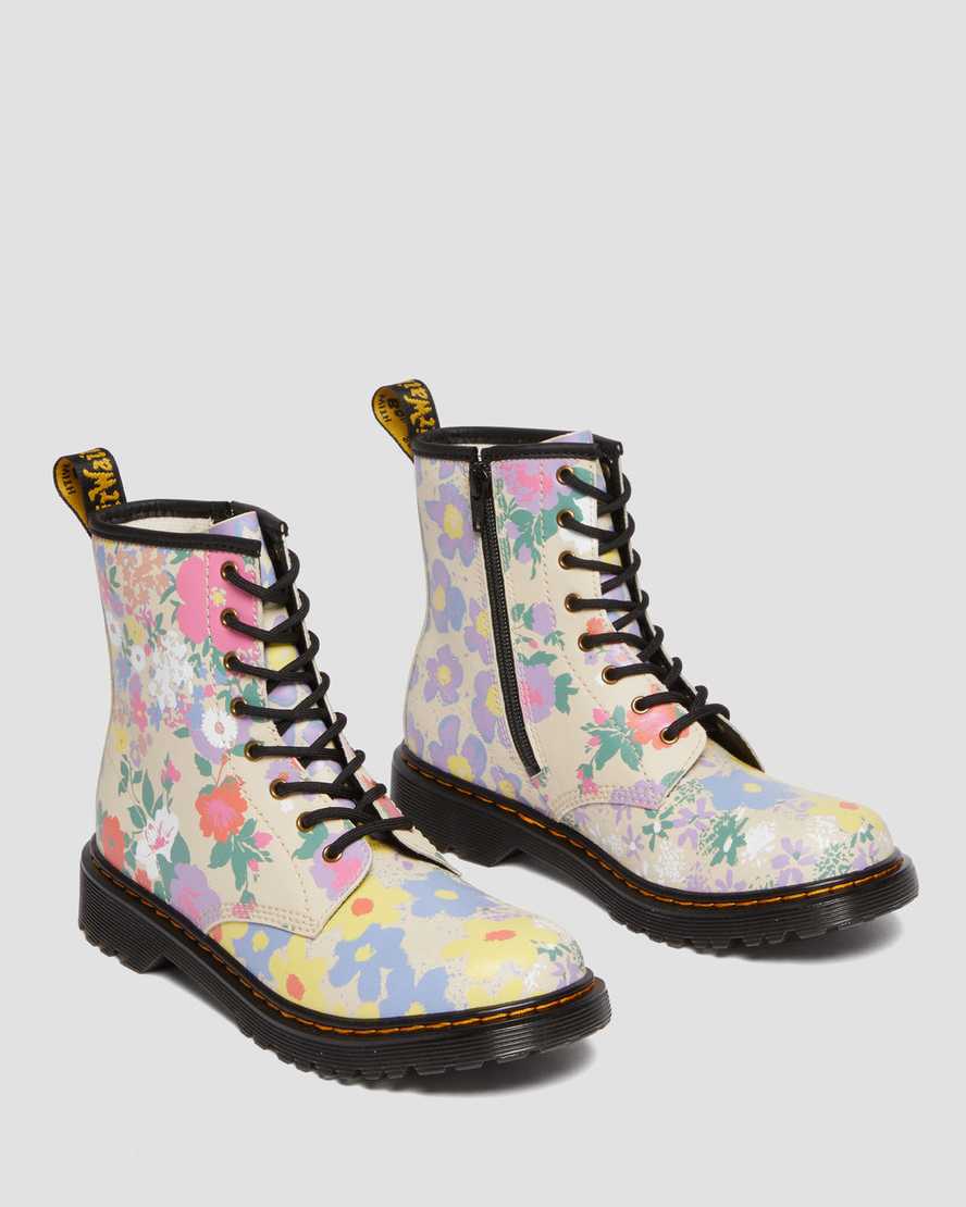 Shop Dr. Martens Youth 1460 Floral Mash Up Leather Lace Up Boots In Parchment Beige