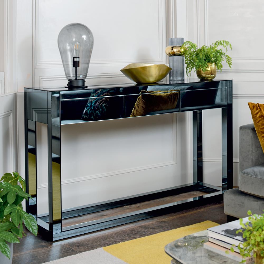 Chio Smoked Mirrored Three Drawer Console Table dwell