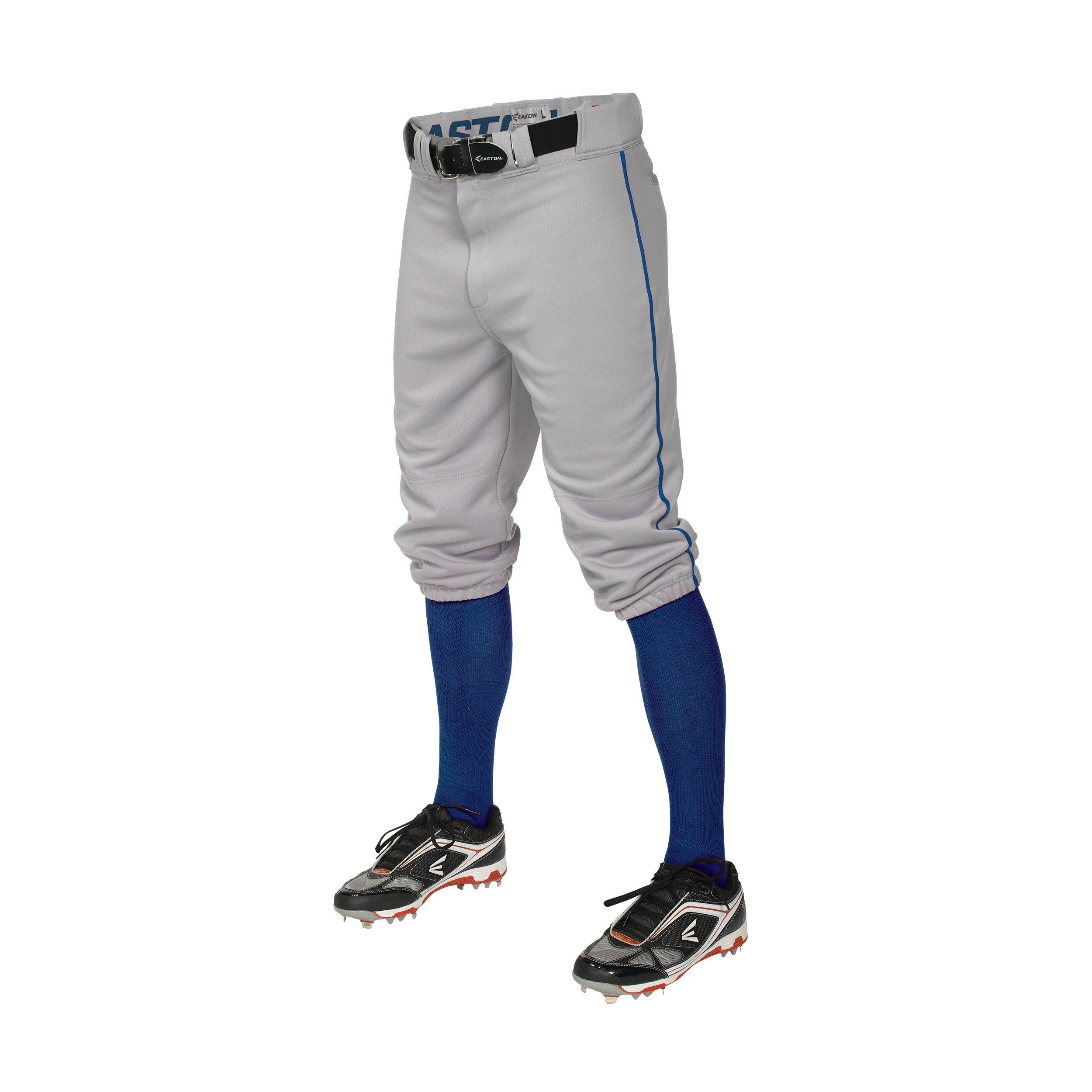 gray baseball pants with blue stripe