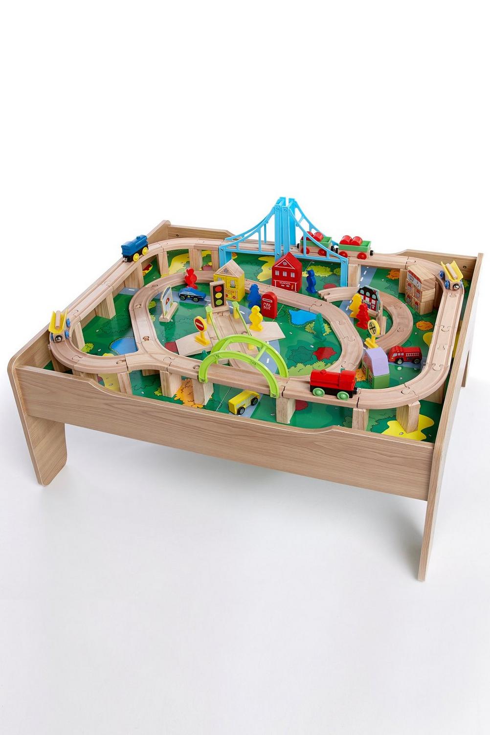 120 Piece Wooden Train Set Reversible City Table With Storage Drawer ...