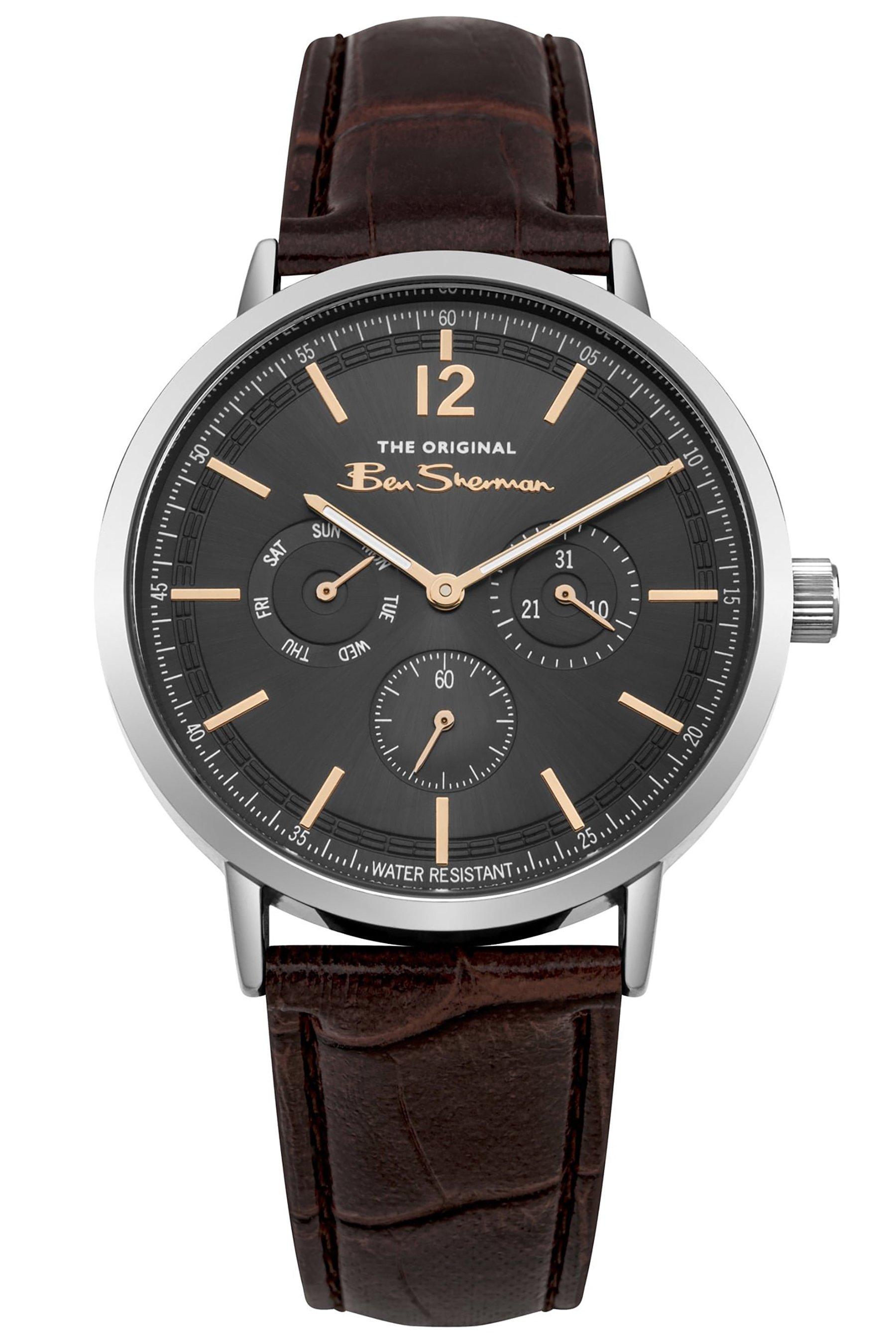 ben sherman brown leather strap watch - stainless steel