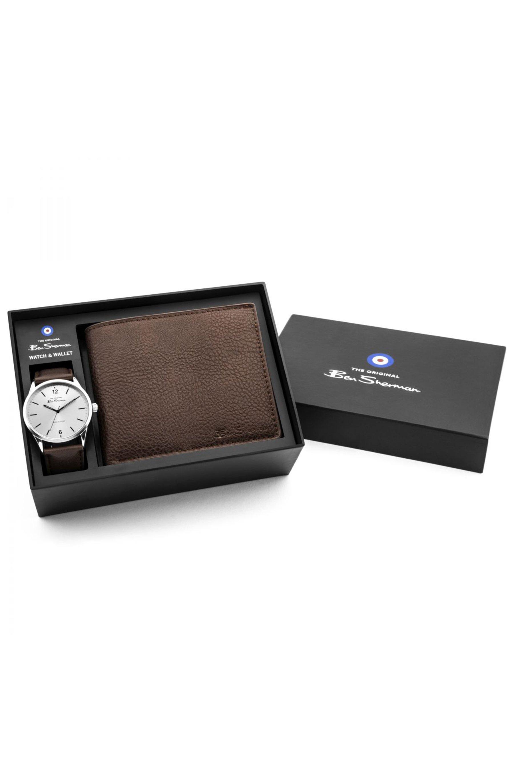 ben sherman brown strap watch and wallet gift set - size: one size - stainless steel - mens