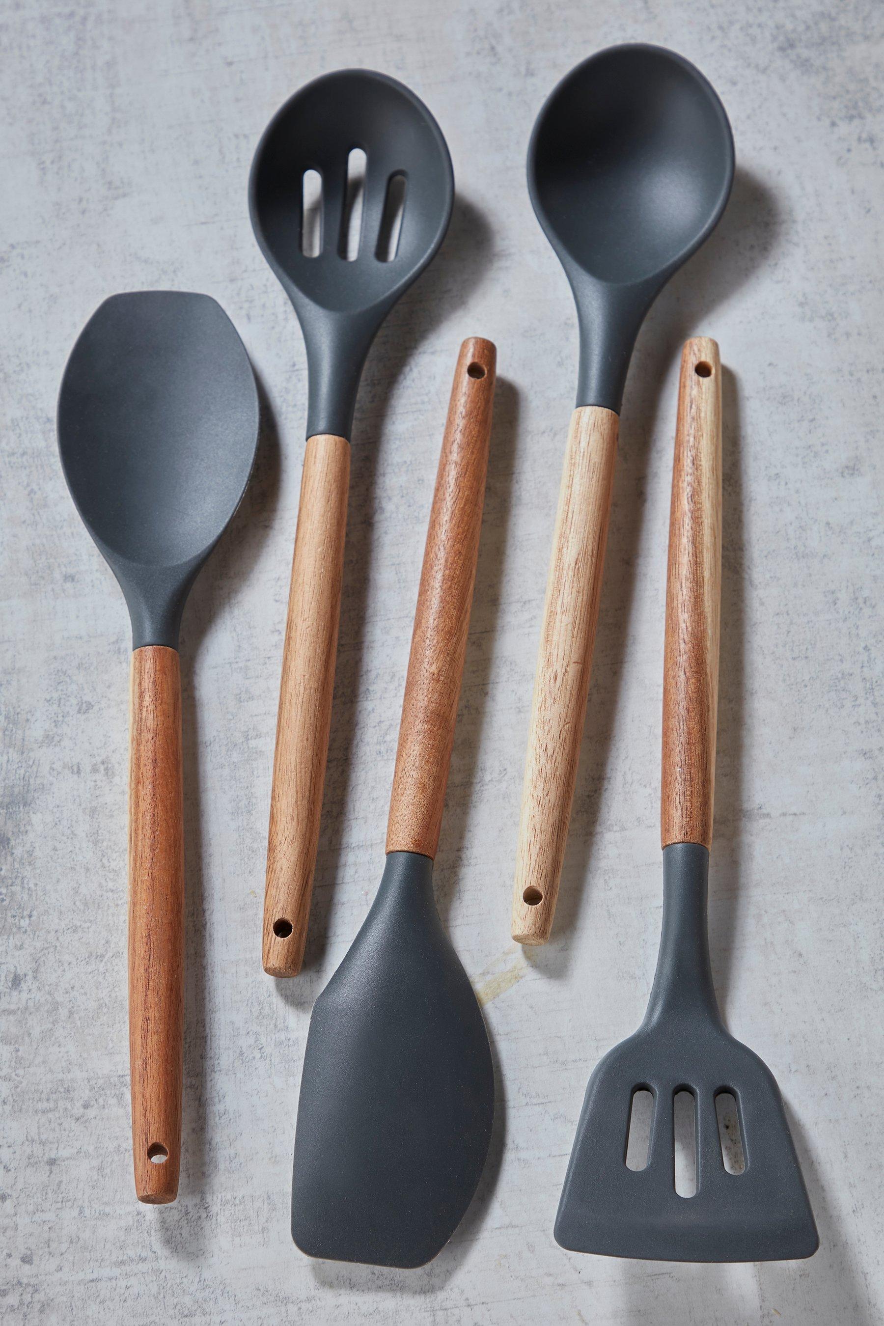 Homelife 5 Piece Grey and Wood Utensil Set