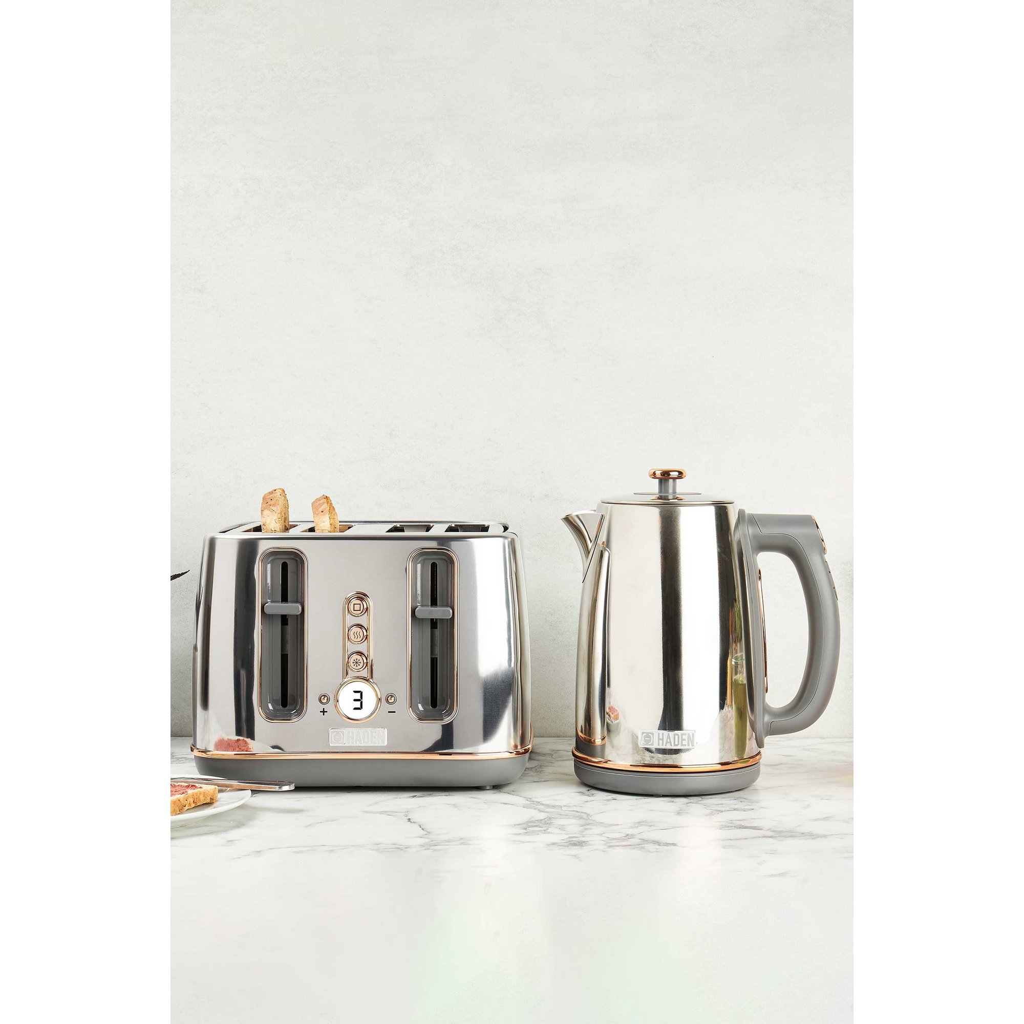 Haden Dorchester Chrome and Rose Gold Kettle 4 Slice Toaster Twin Pack