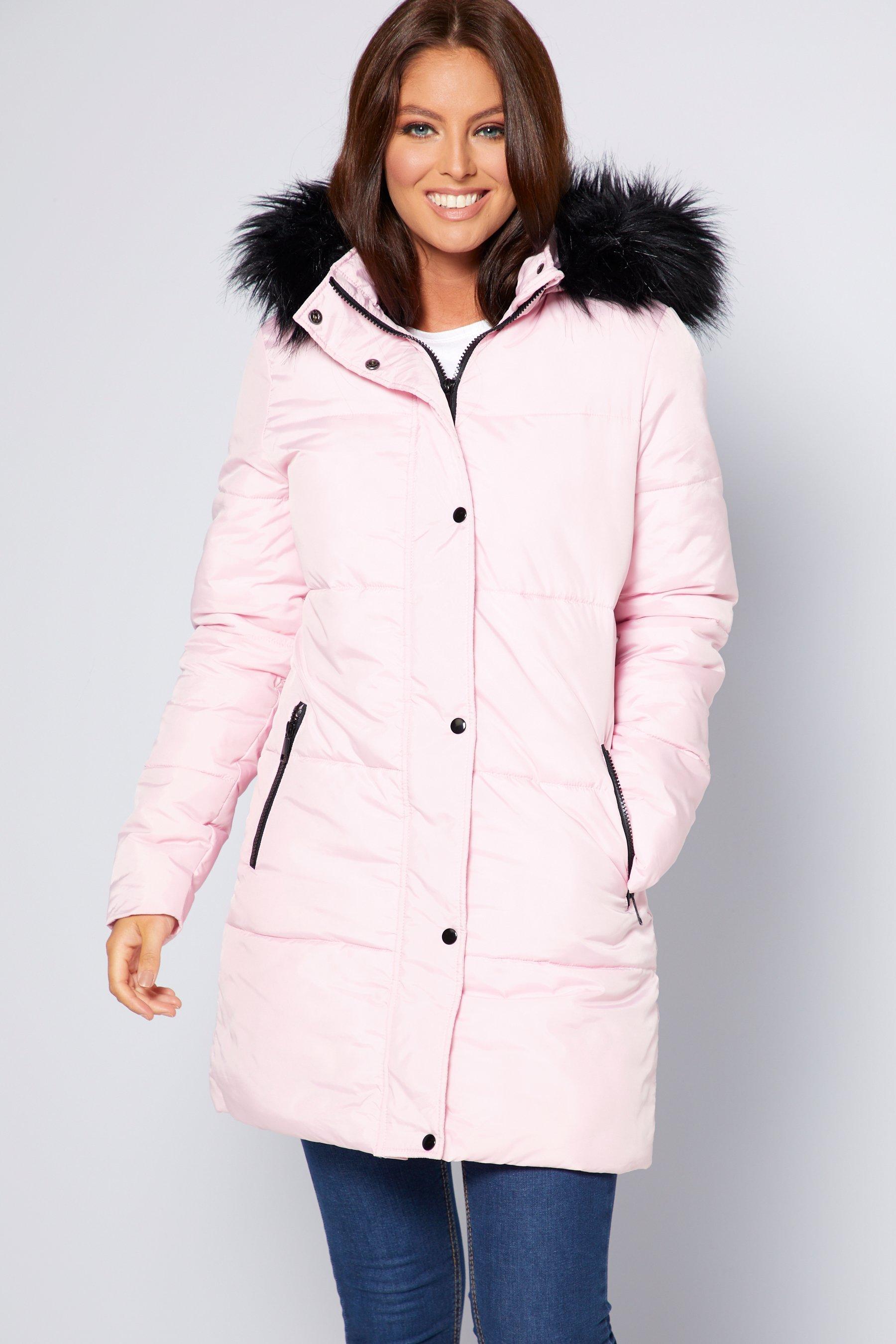 padded midi faux fur trim coat