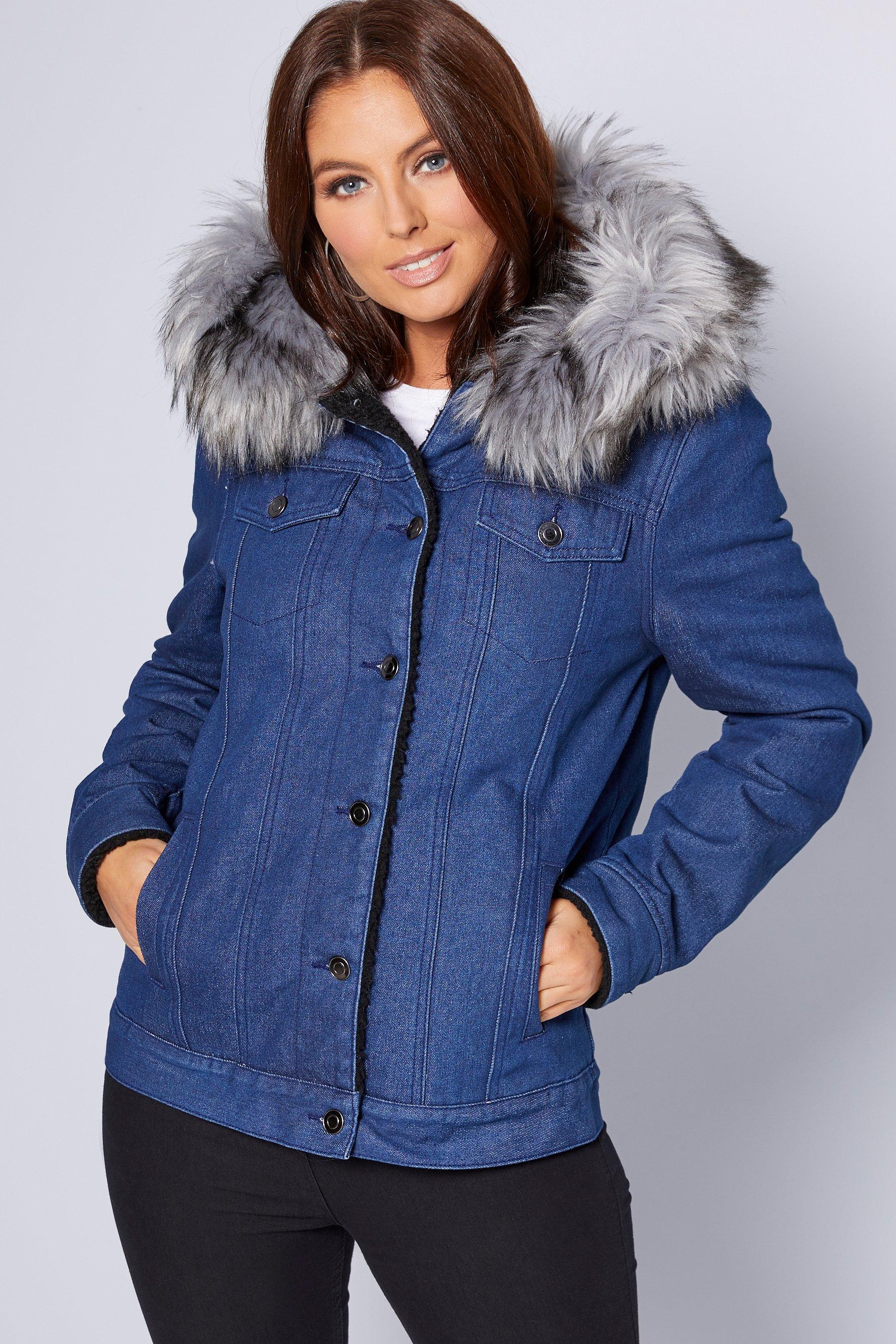 womens denim jacket with fur hood