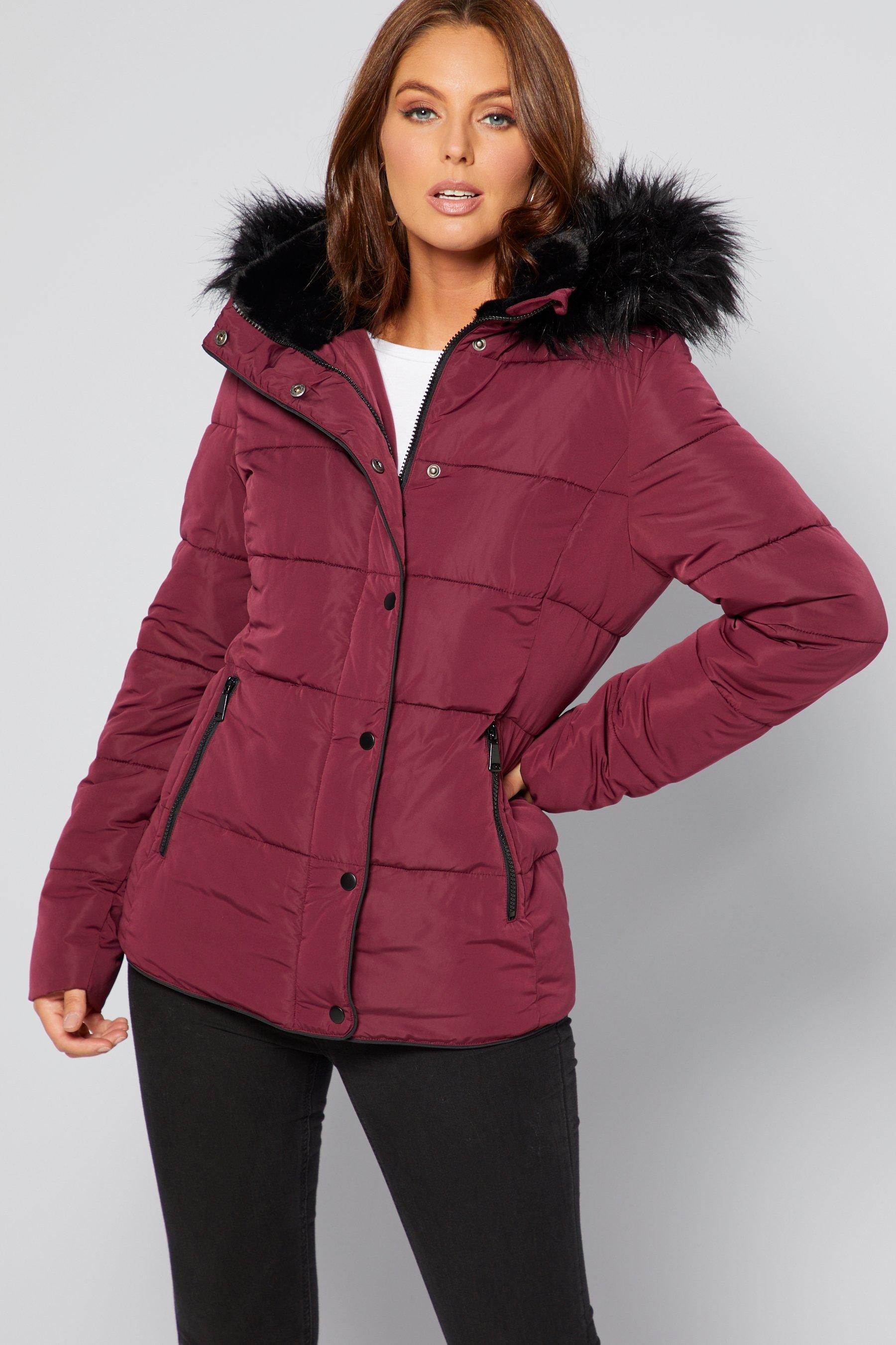 burgundy padded coat women's
