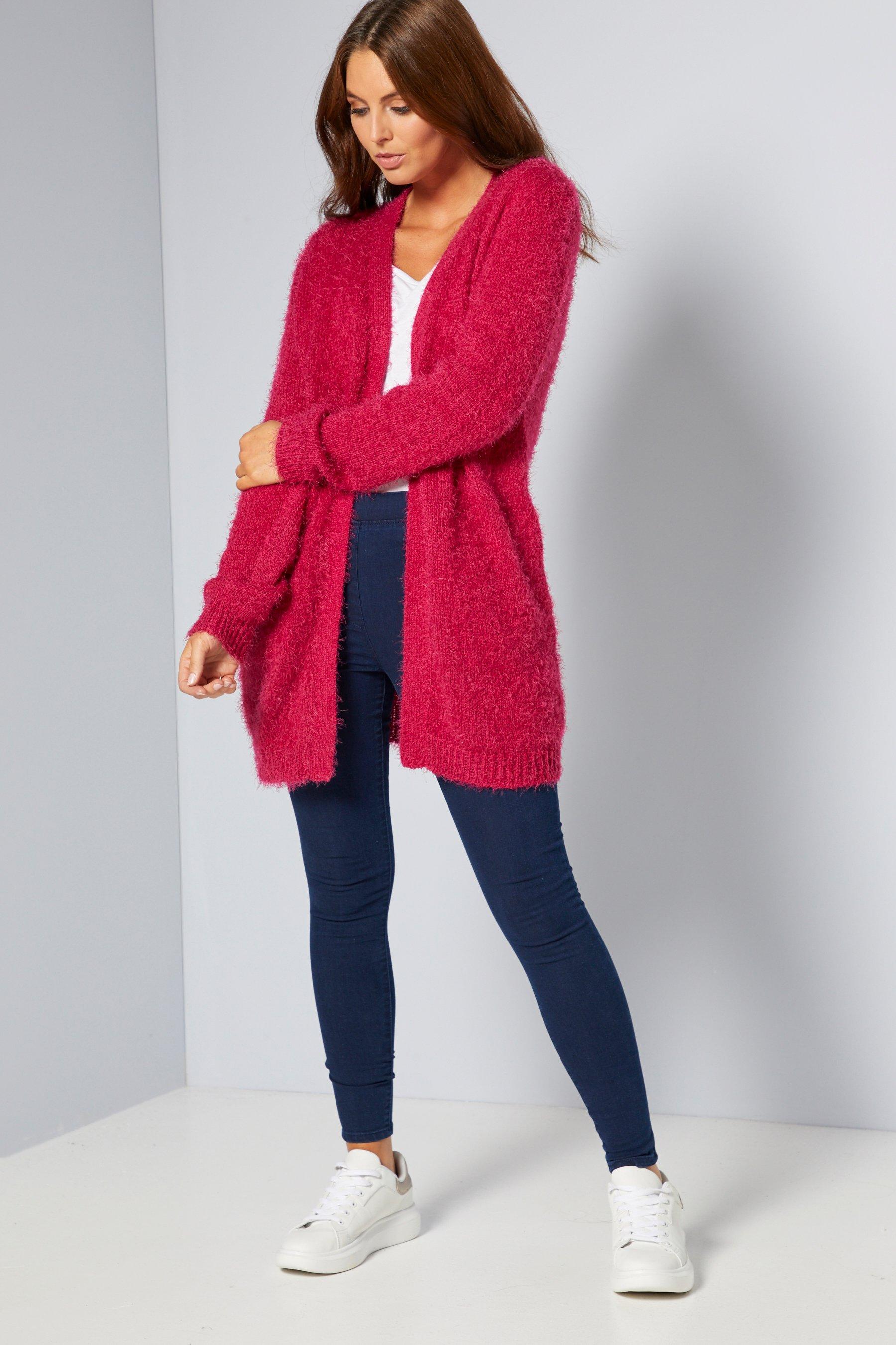 raspberry coloured cardigan
