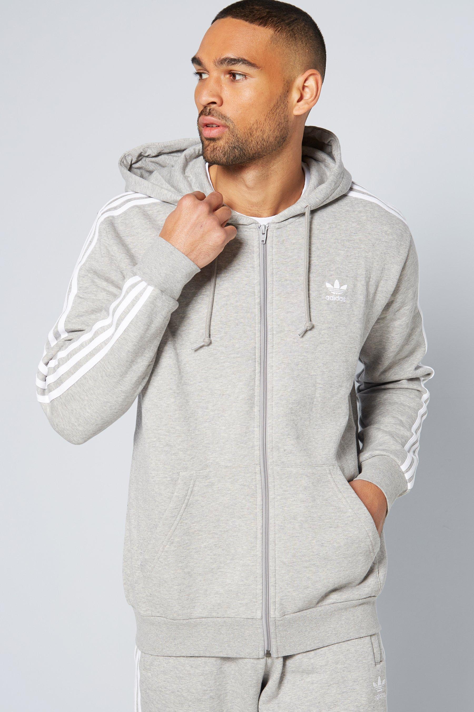 adidas originals three stripe zip thru hoodie in grey