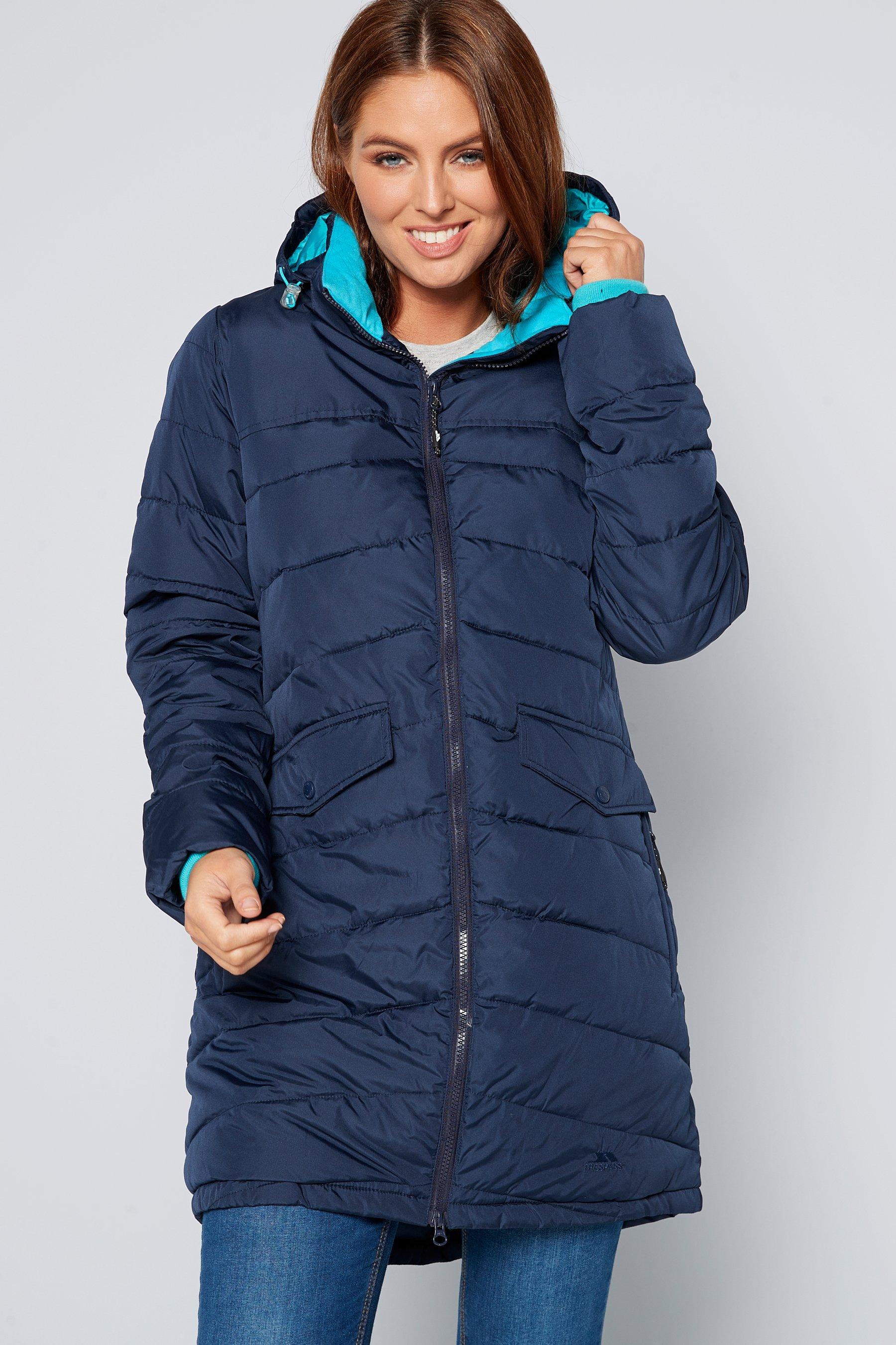 trespass womens homely padded hooded long jacket navy