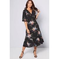 Image of Black Floral Wrap Frill Drop Tier Midi Dress