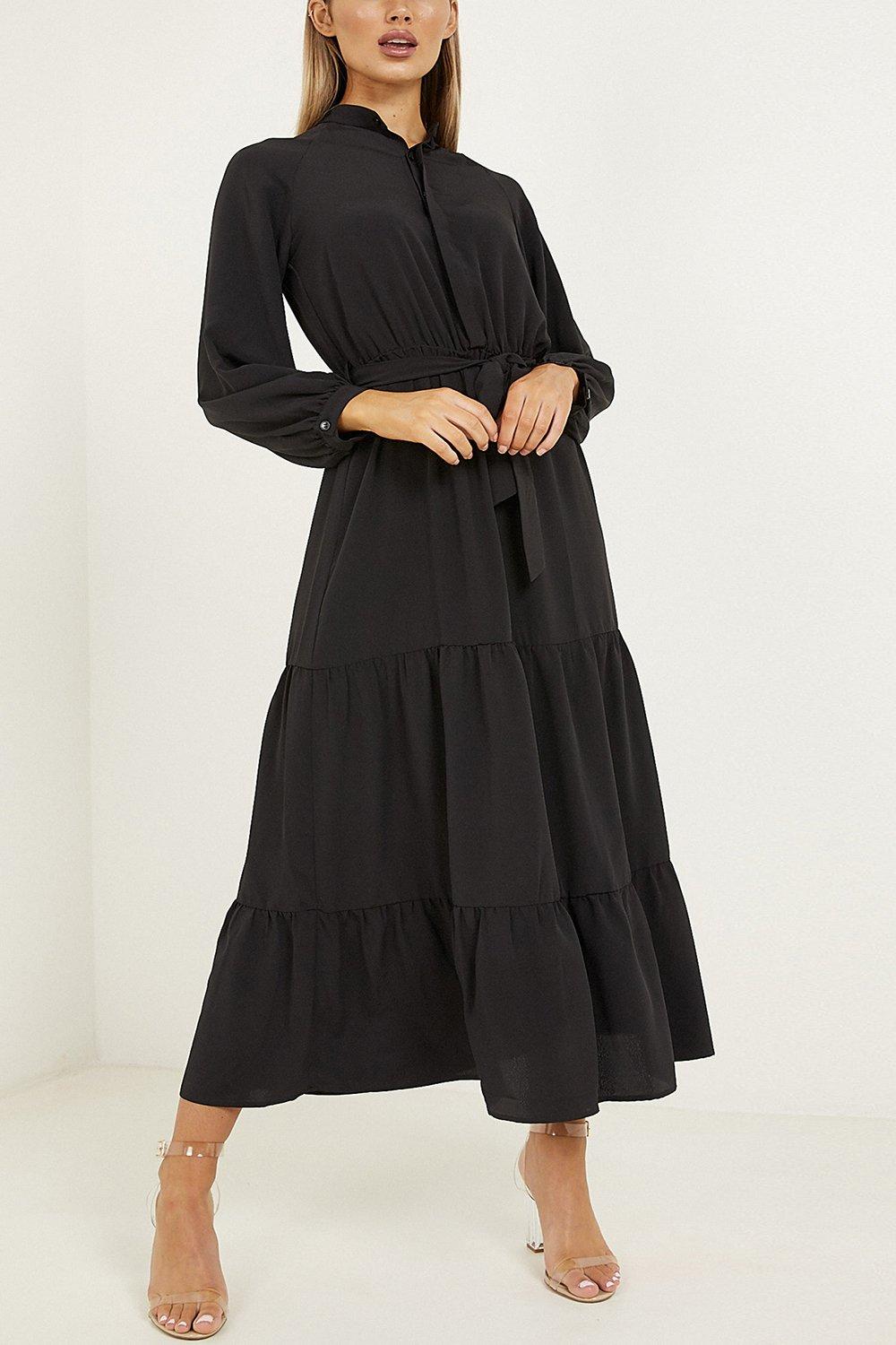 black tiered dress midi