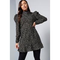 Image of AX Paris Animal Print Puff Sleeve Black Midi Dress