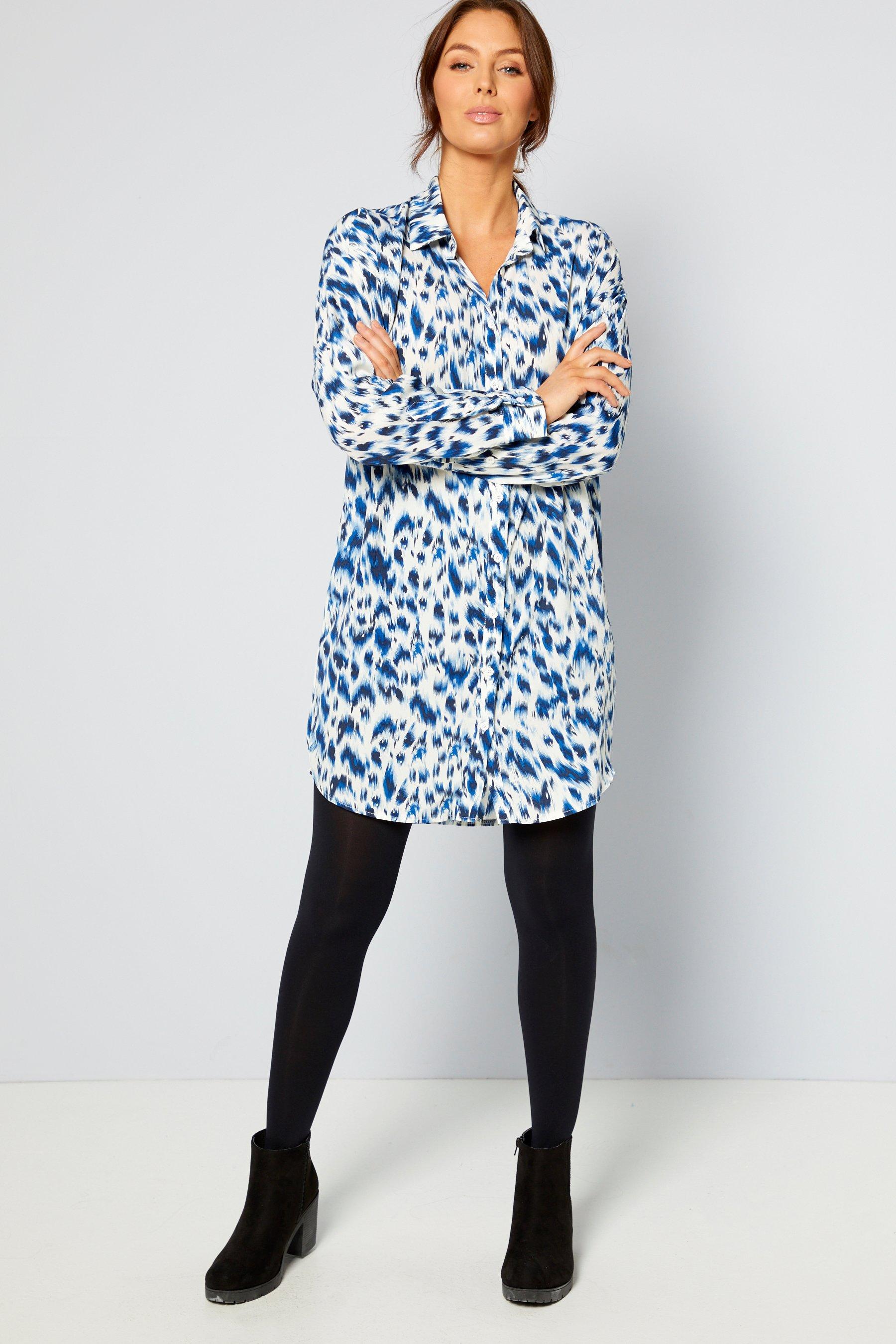 blue animal print shirt dress