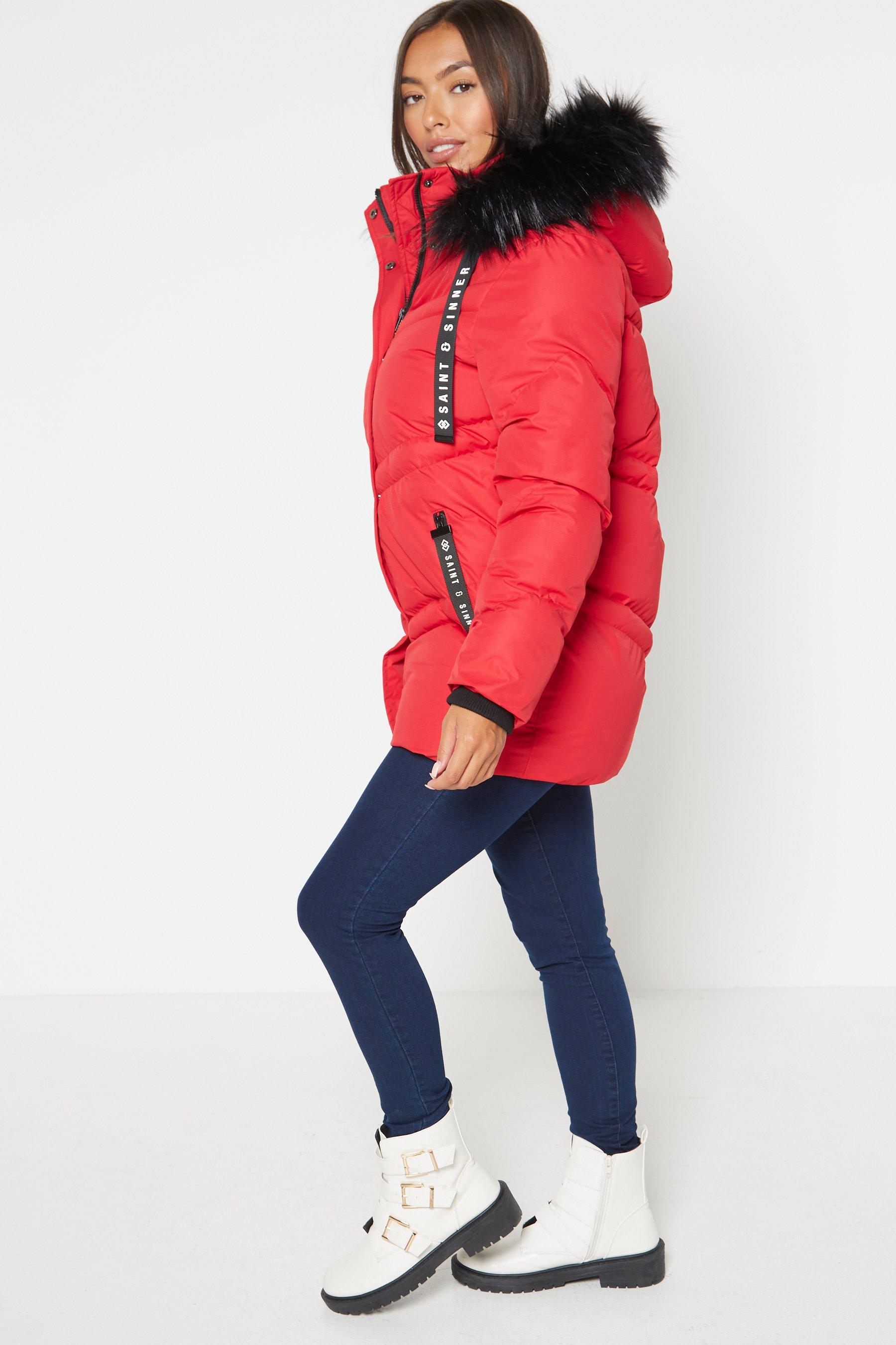 red padded coat with hood