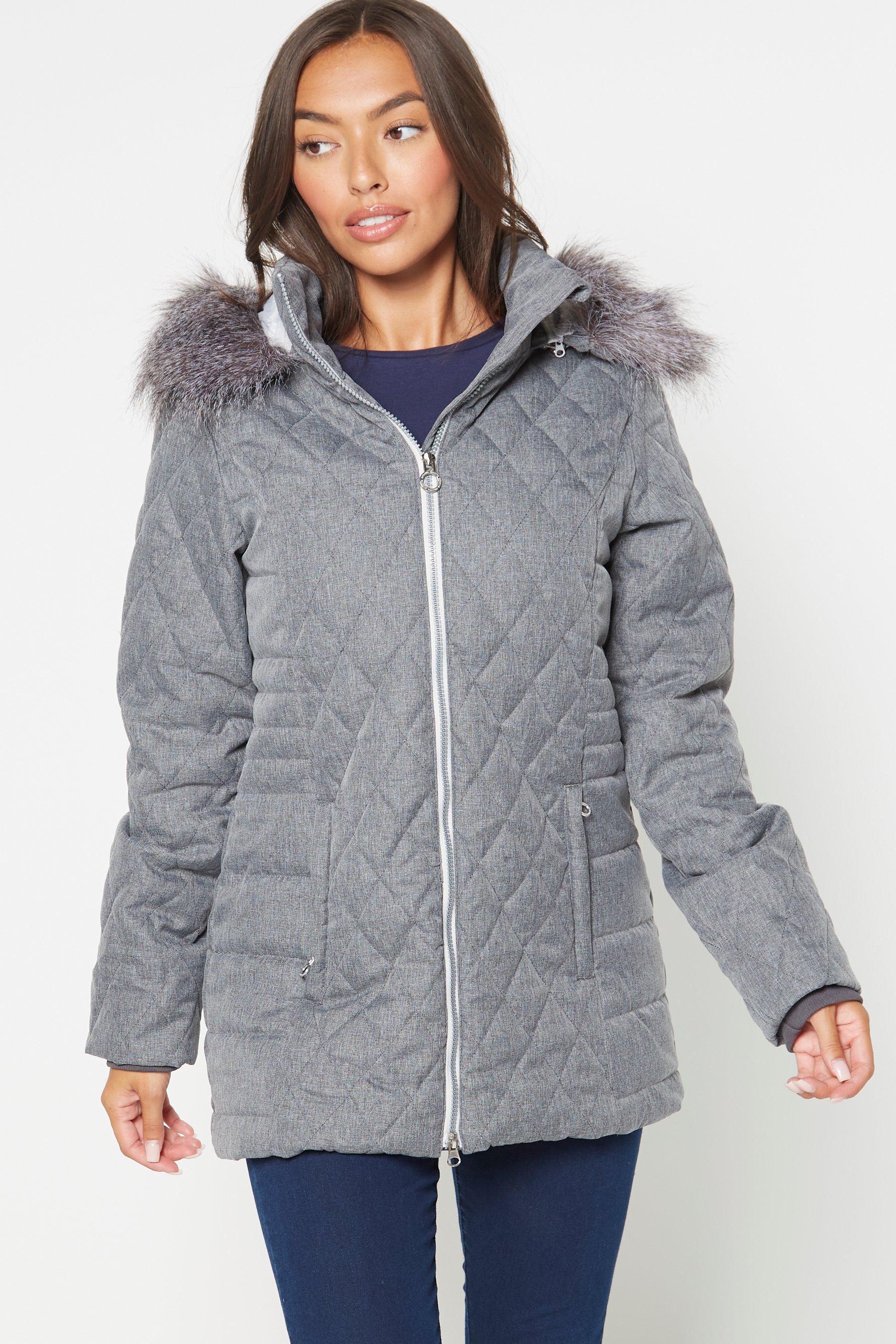 womens grey padded coat with fur hood