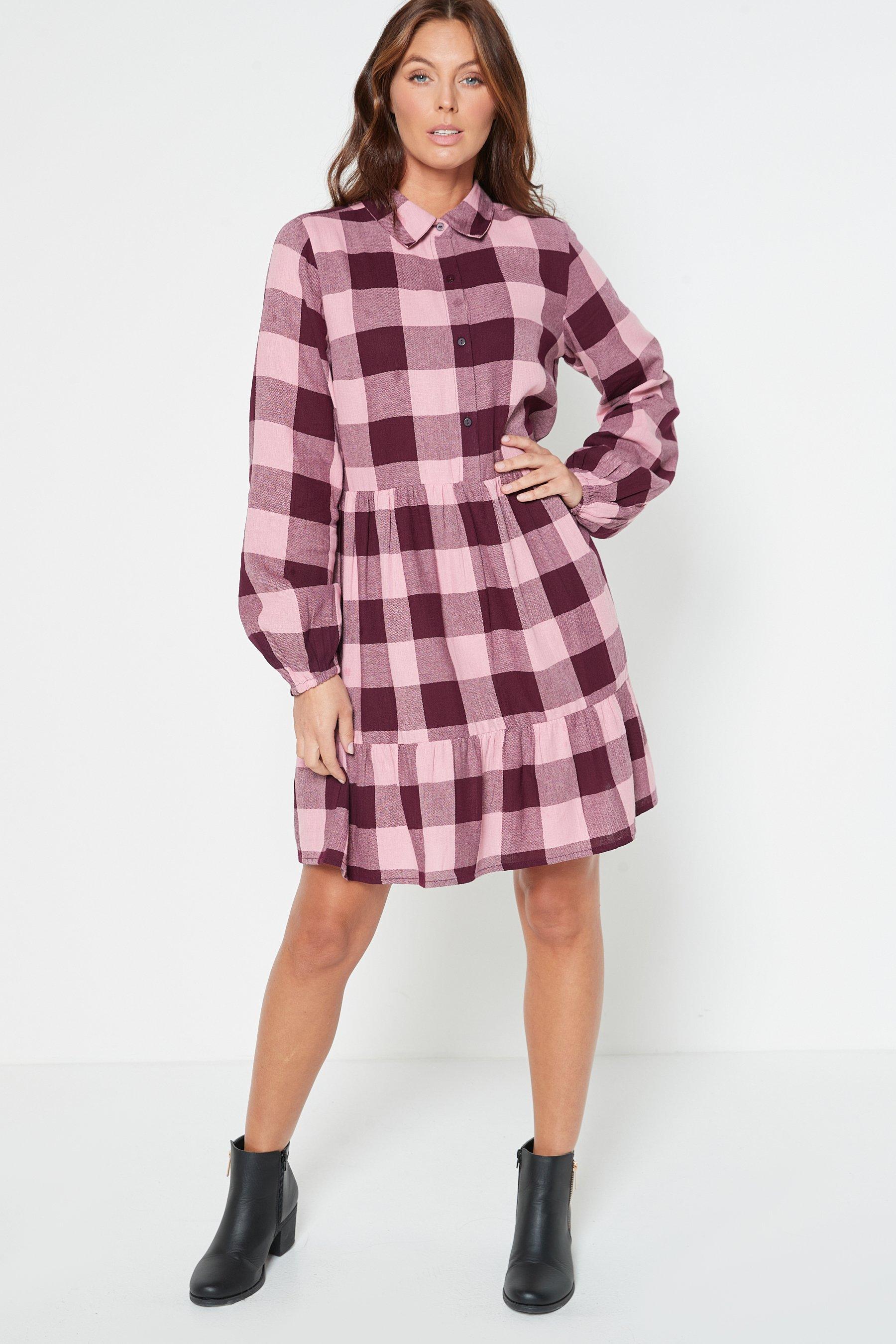 burgundy check half placket dress with frill hem - womens - red - size: 8
