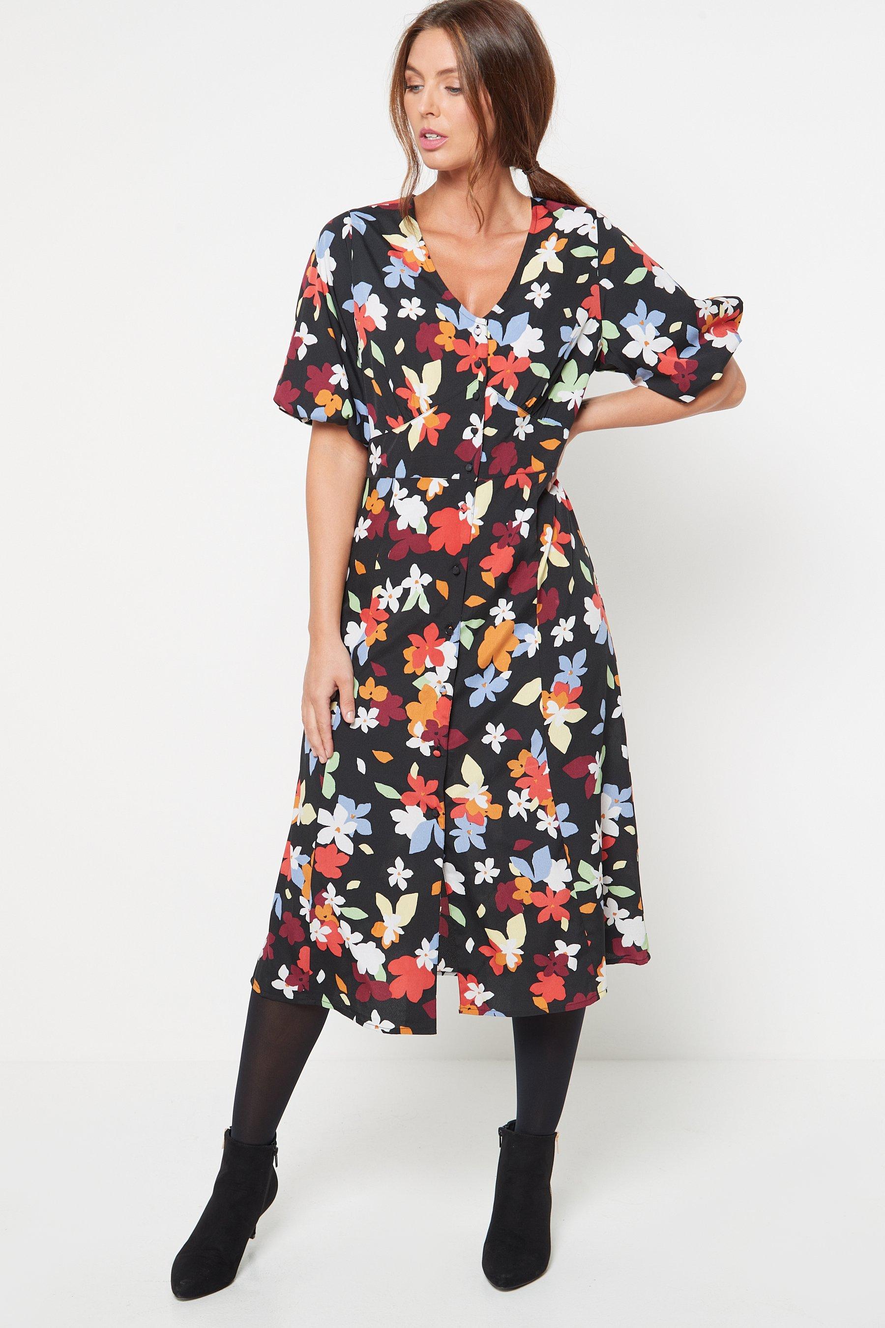 retro puff sleeve black floral dress - womens - size: 8