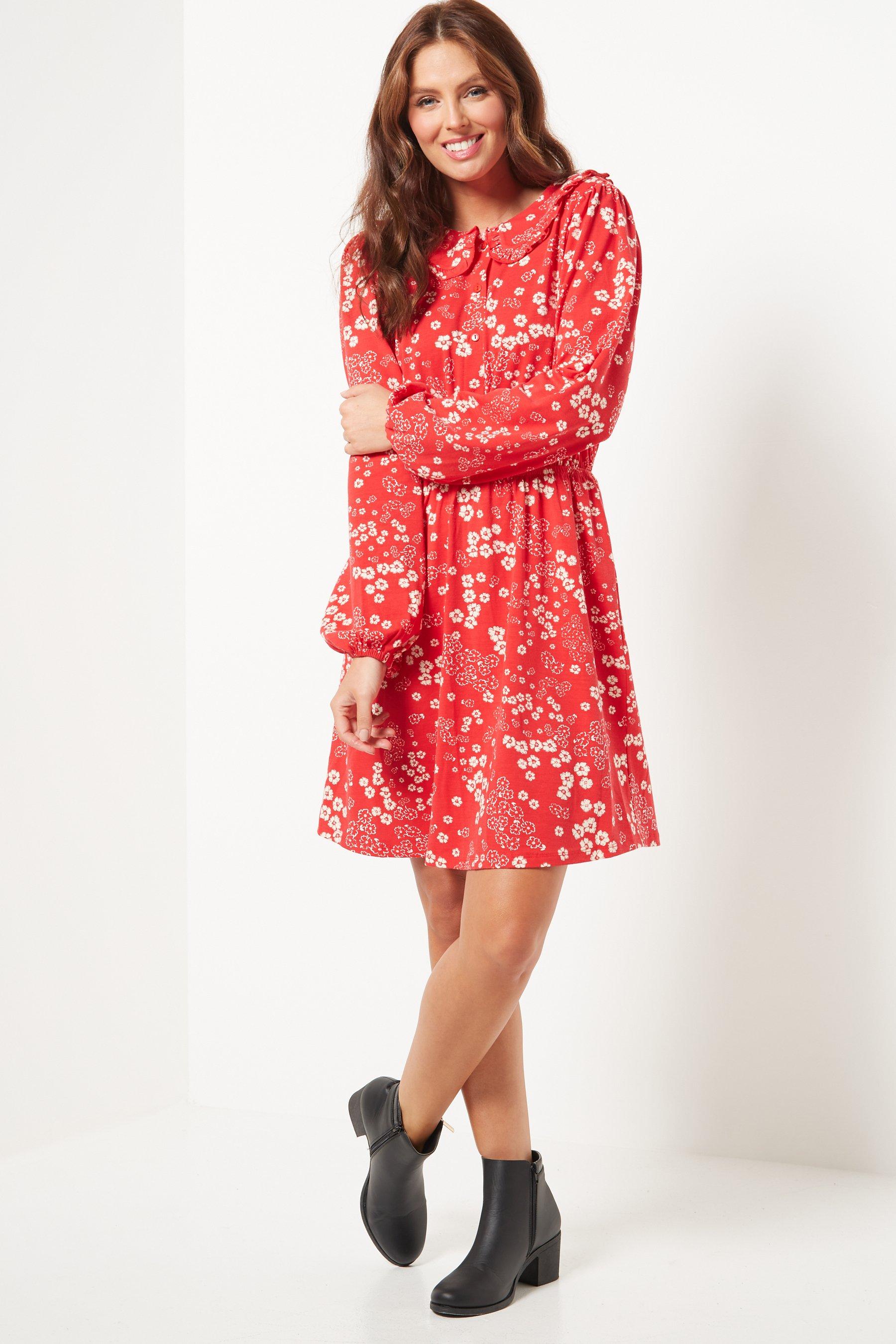 pretty collar red floral short dress - womens - size: 8