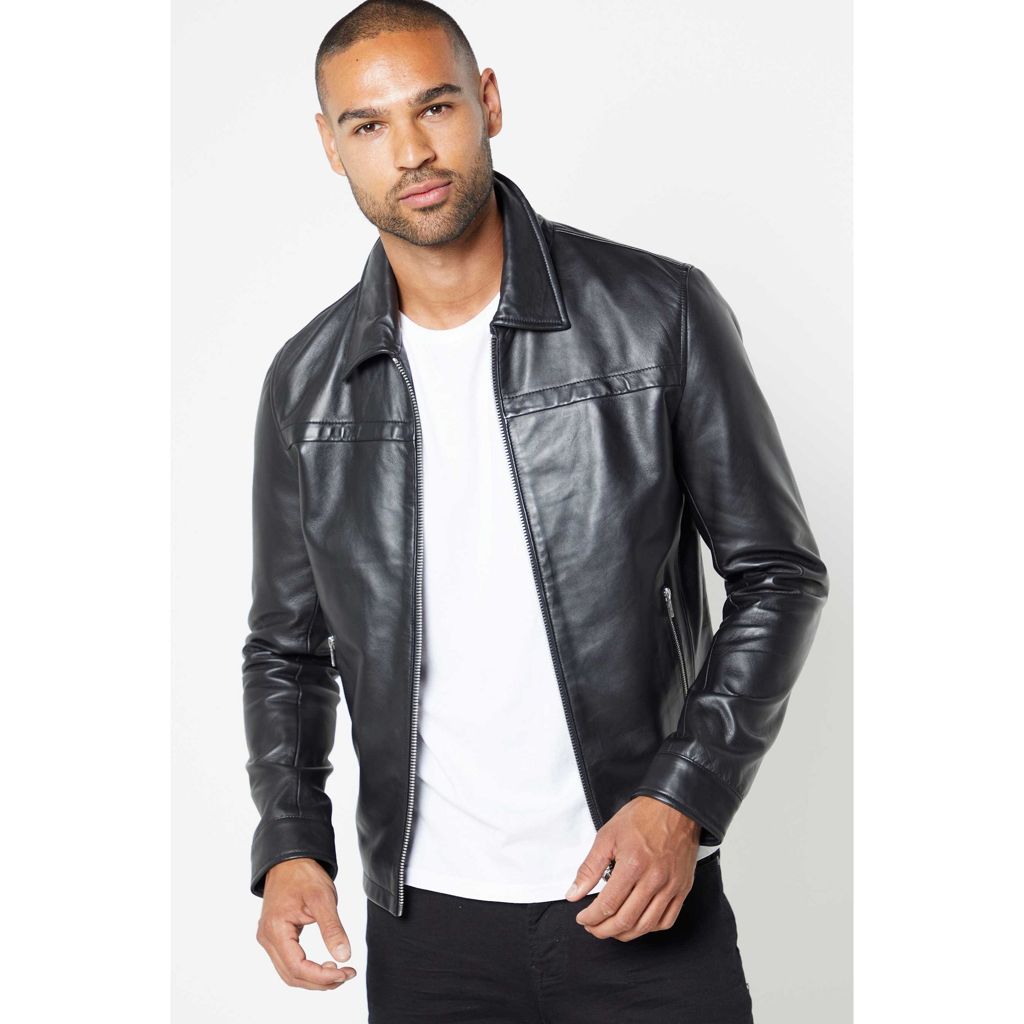 Barneys Black Leather Harrington Jacket
