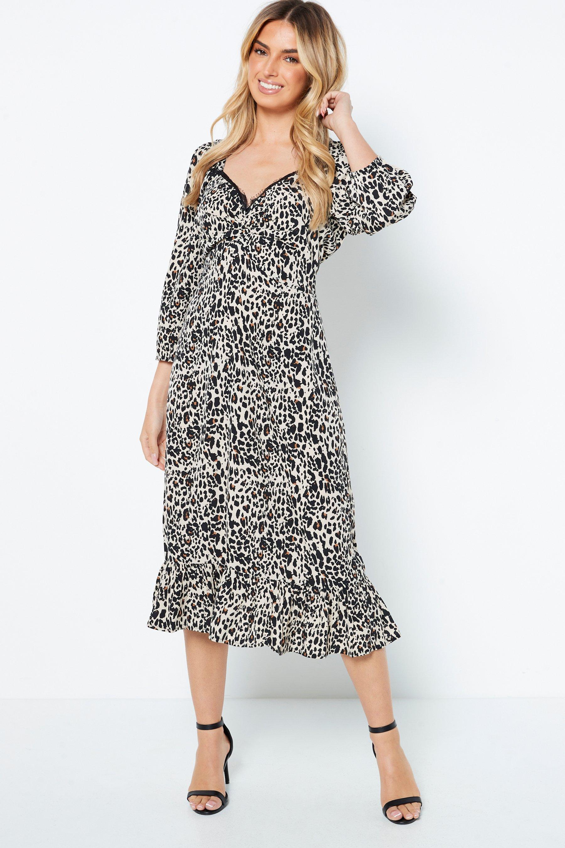 leopard print sweetheart puff sleeve dress - womens - brown - size: 8