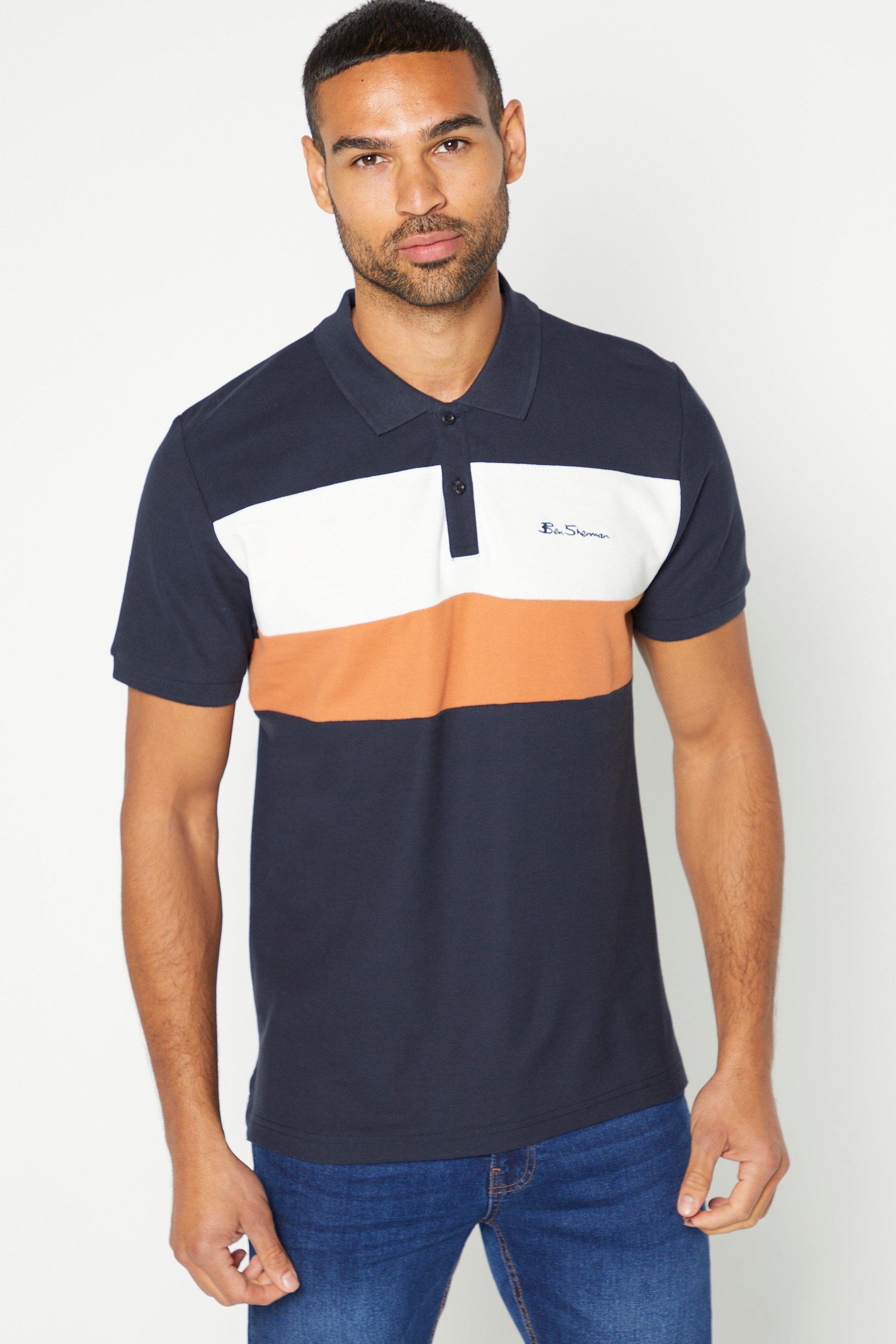 ben sherman navy/orange colourblock polo shirt - mens - blue - size: xl