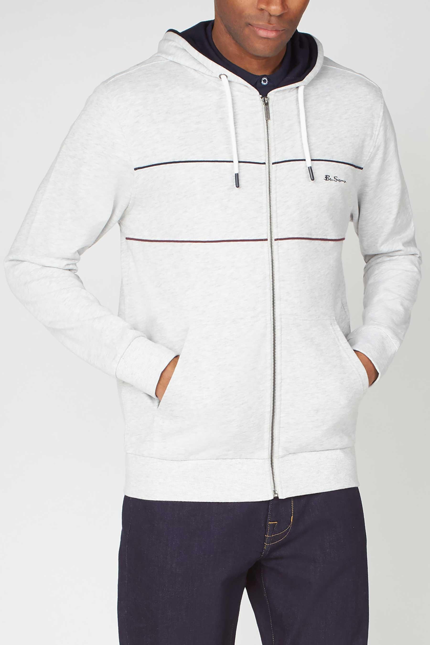 ben sherman stripe panel zip through grey marl hoodie - mens - size: small
