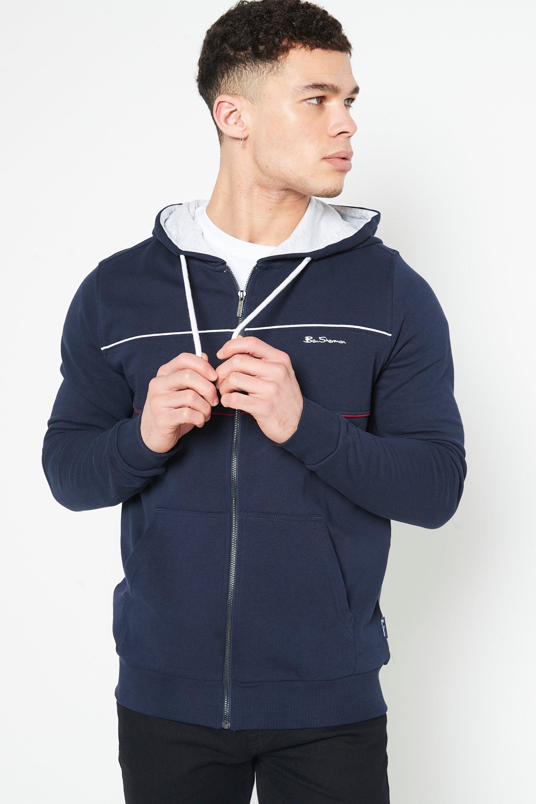 ben sherman stripe panel zip through hooded navy sweatshirt - mens - blue - size: small