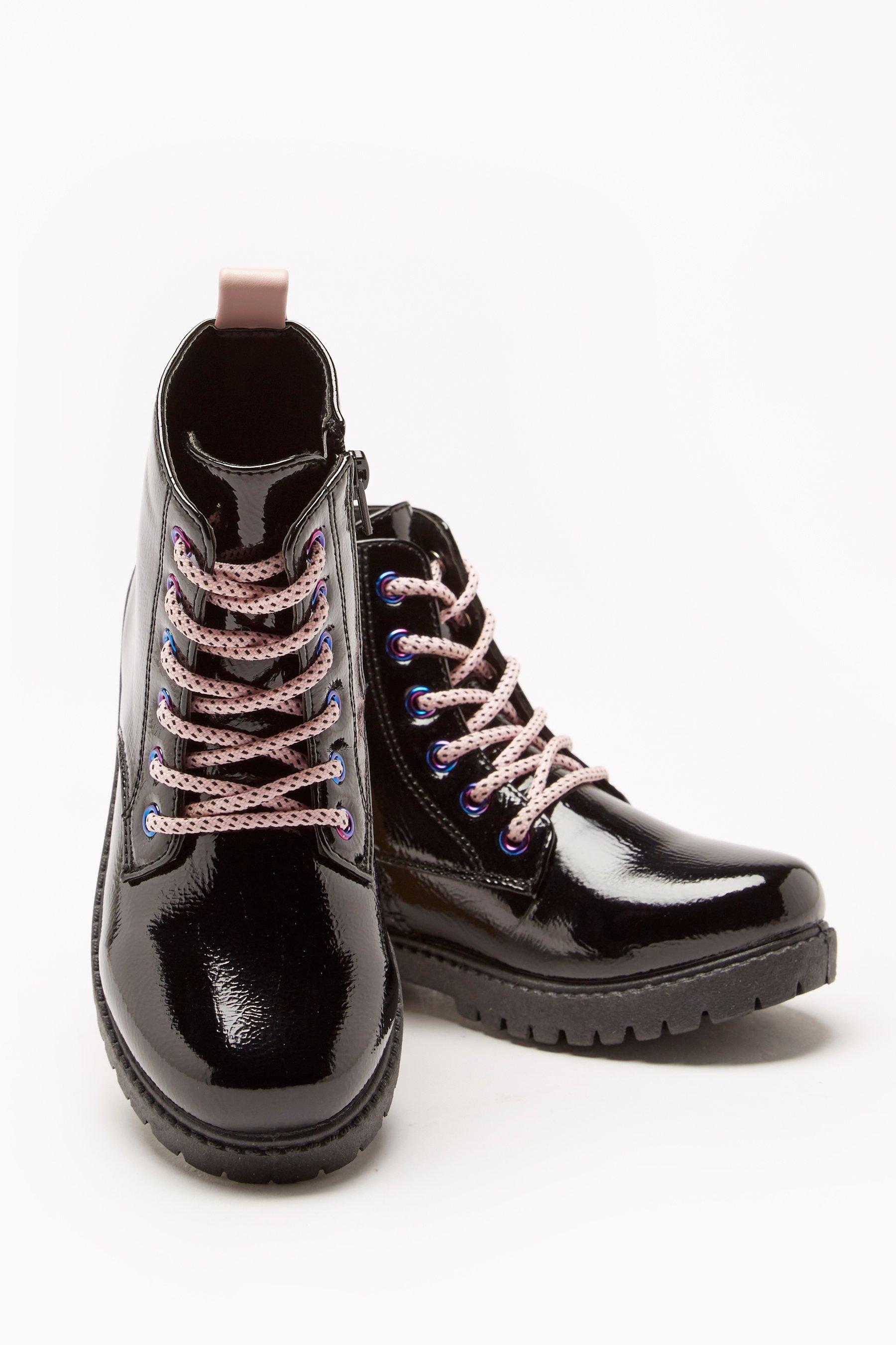 Girls Fashion Black Patent Lace Up Boots | Studio