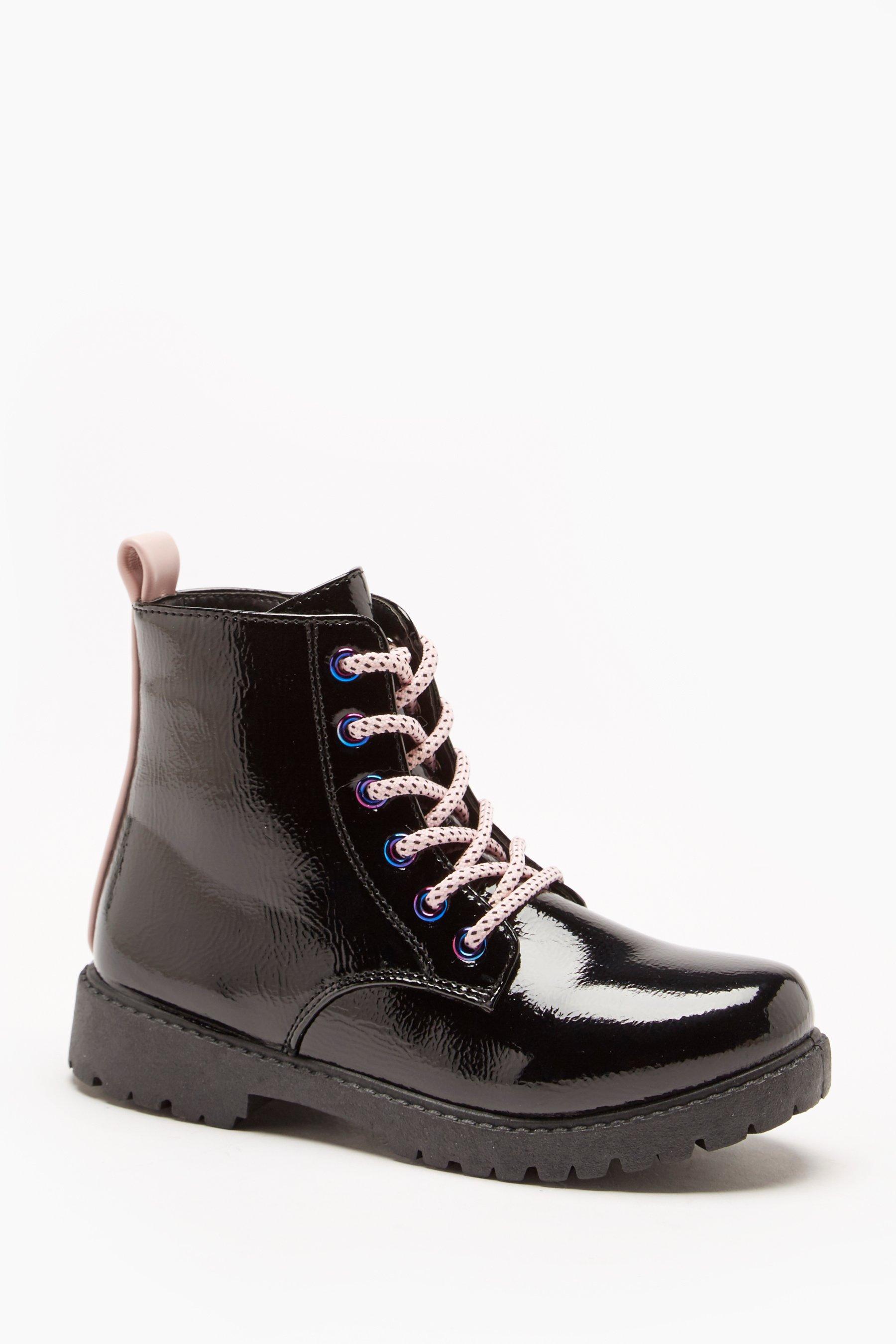 Girls Fashion Black Patent Lace Up Boots | Studio