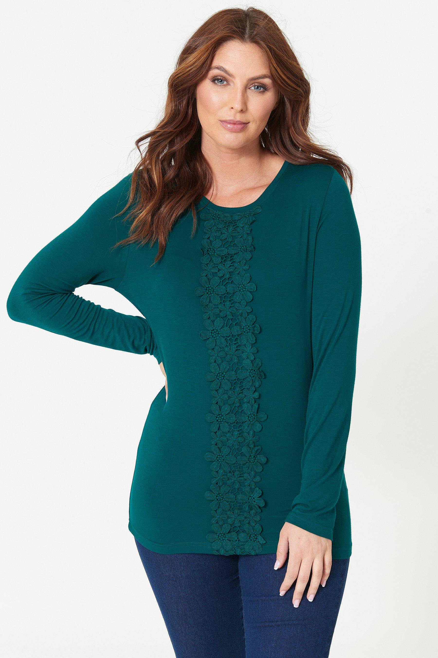 crochet trim long sleeve green top - womens - size: 8/10