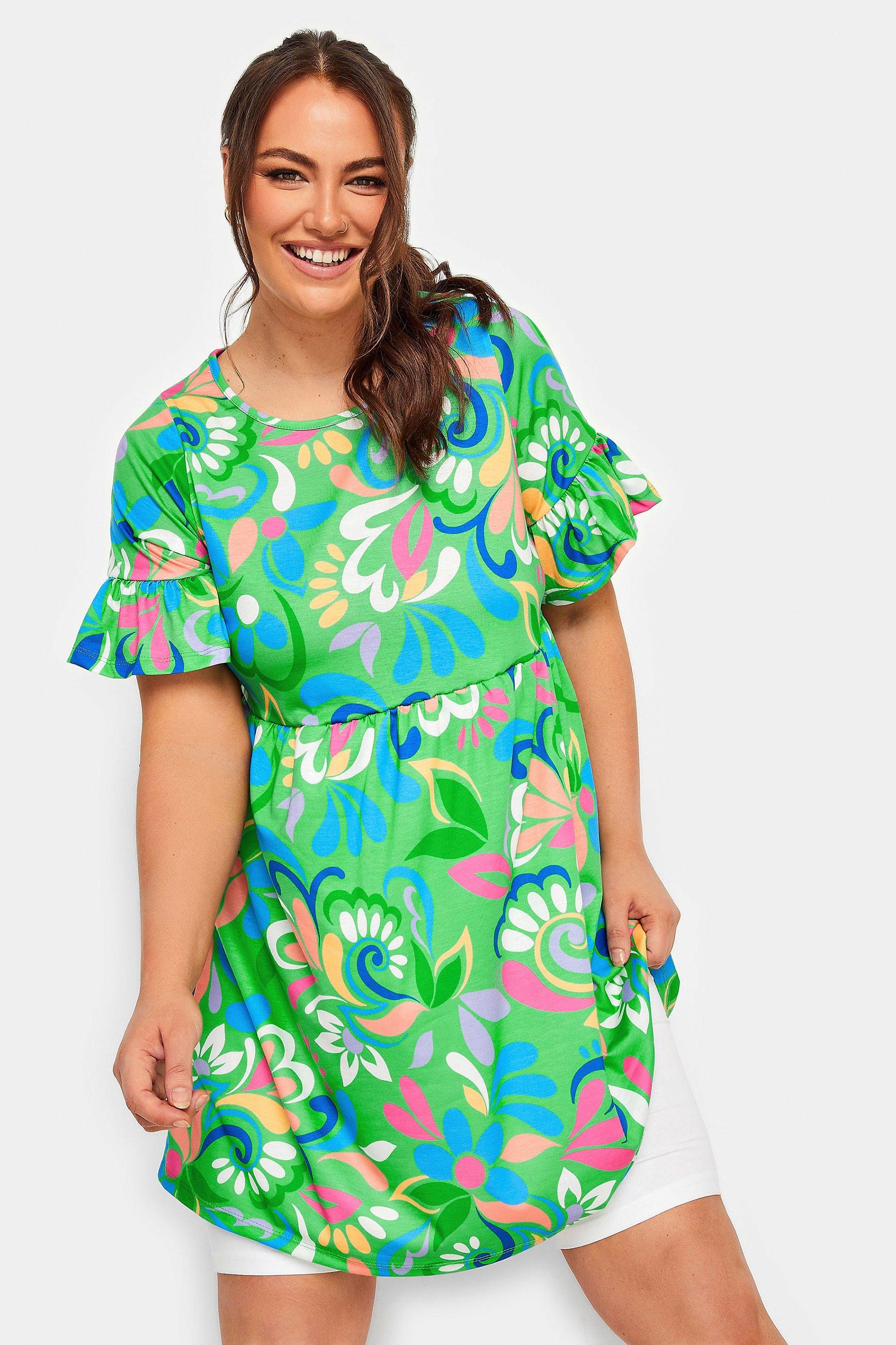 Yours Curve Green Abstract Smock Tunic Dress | Studio