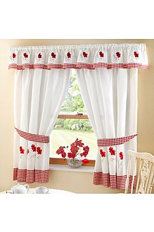GINGHAM POPPIES KITCHEN CURTAINS PELMET SEAT PAD RED WHITE 