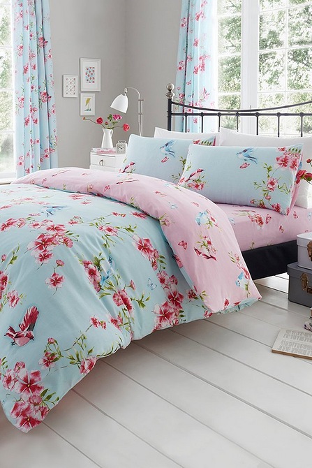 Vintage Floral Bird Reversible Duvet Quilt Cover Bedding Set with pillowcases 