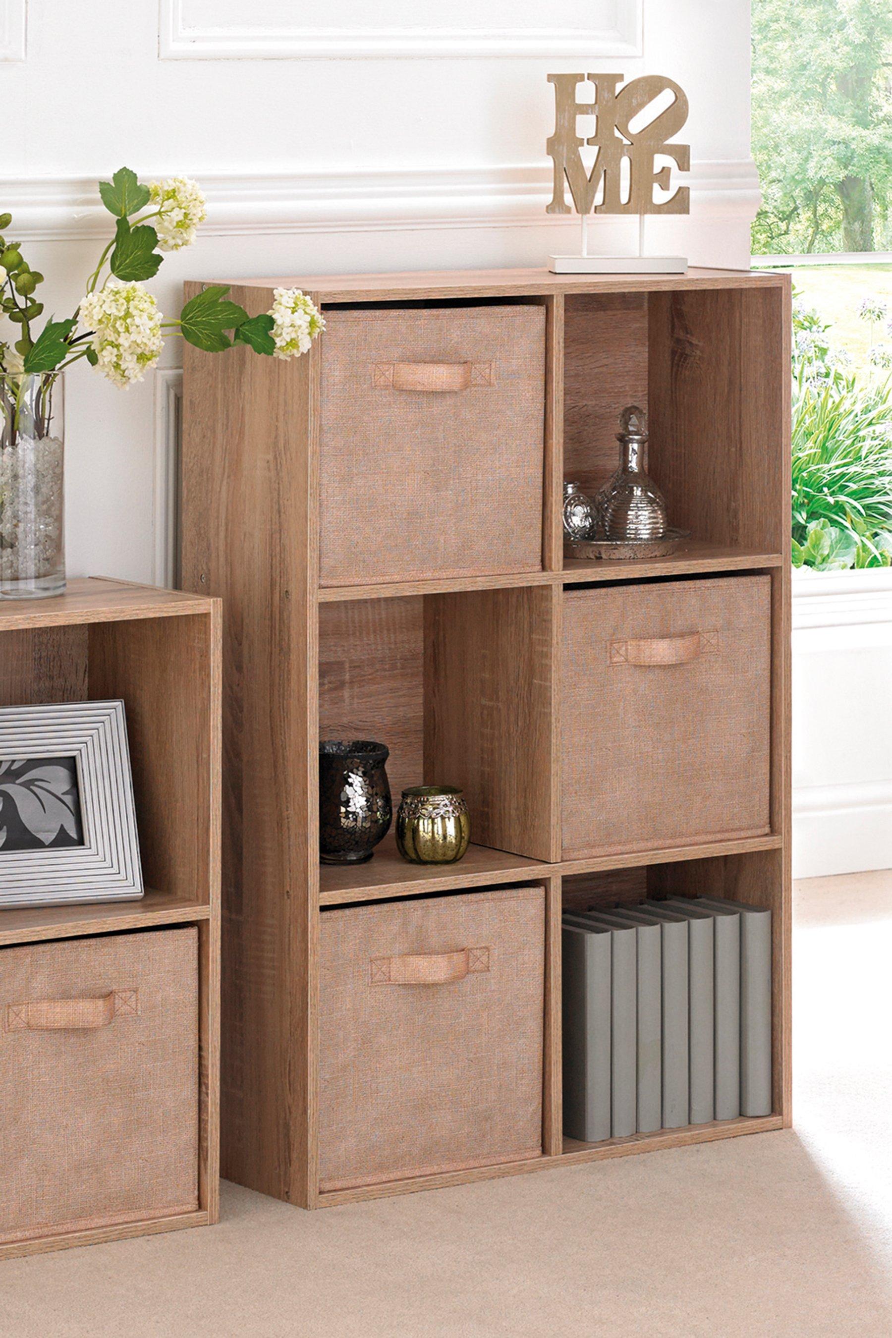 6 Cube Oak Effect Storage Unit With Canvas Drawers Studio