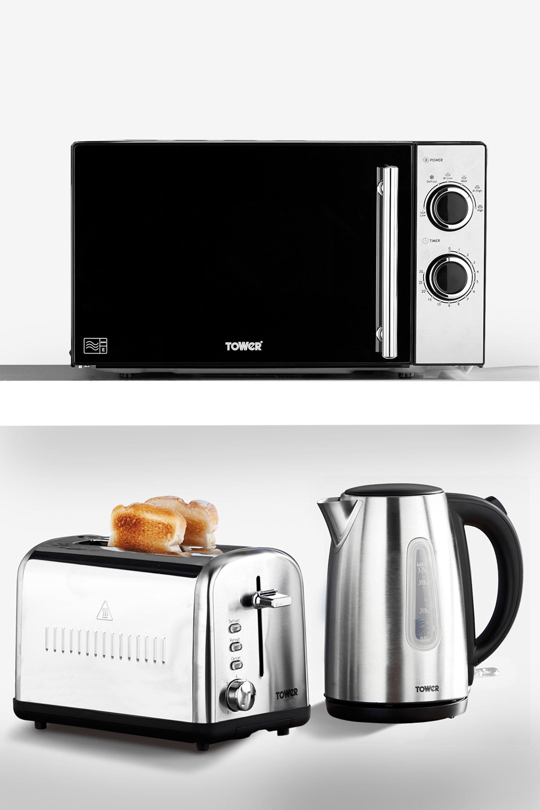 chrome kettle toaster and microwave