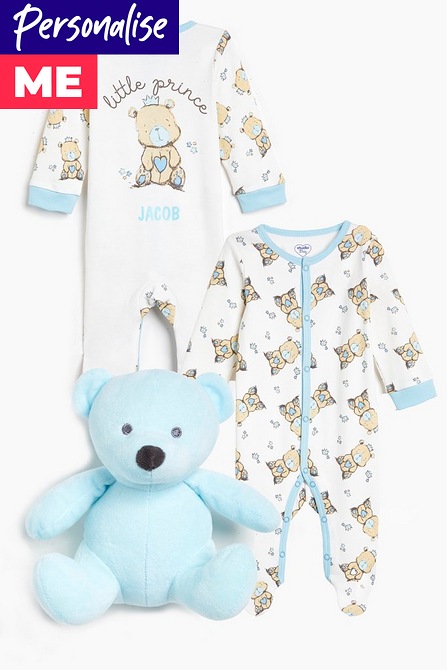 Name or Initials Personalised Sleep Suit Boys Girls Baby grow with Teddy Bear 