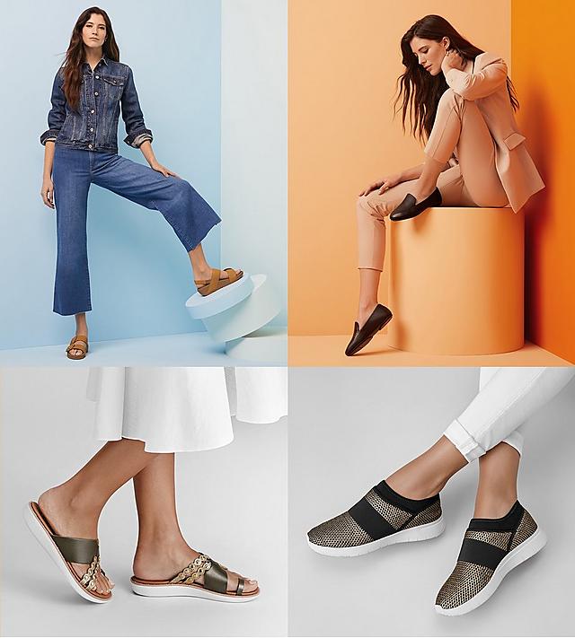 Fitflop Knitted Sneakers in Black and Grey on the left, Fitflop Gold Loafers on the right.