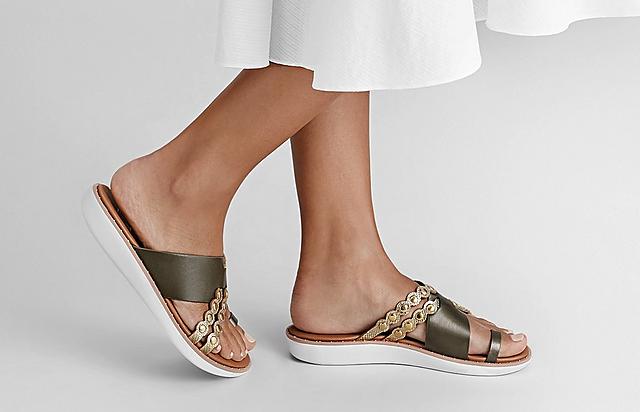 Fitflop Scallop Sandals in Gold and Green with Scallop details and studs.