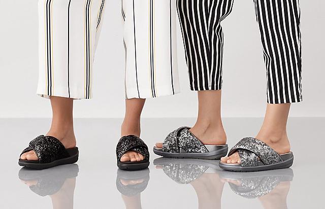 Fitflop Womens Loosh Luxe Slide Sandals in Silver and Black Satin options.