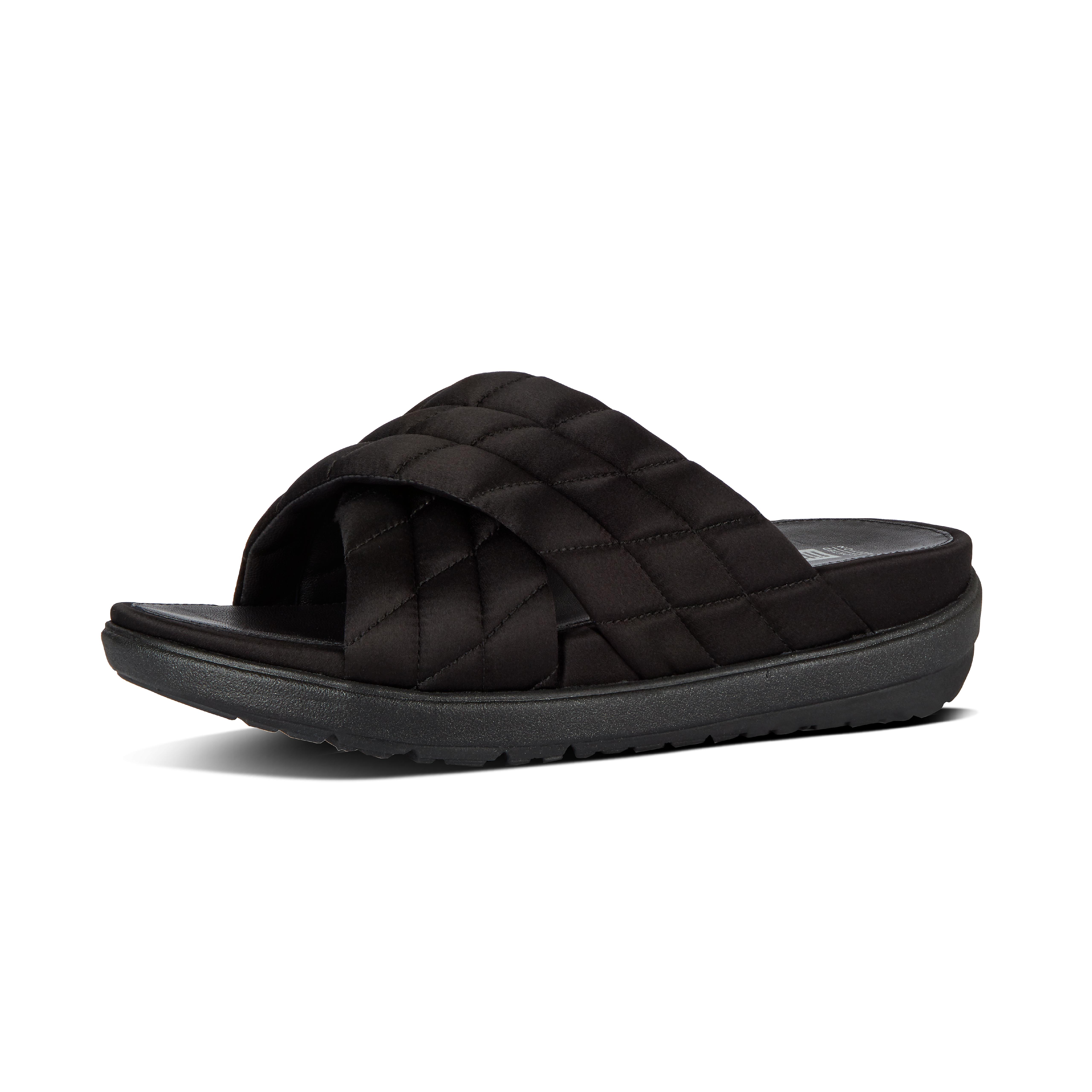 Slides to Loosh your head over. Our fabulously fashionable cross slides step out in a super de luxe, limited-edition version. Think silky satin uppers, cushiony quilting that hugs your feet (and earns serious style points), full-leather linings and a generous helping of sports-casual cool. All on our out-of-this-world-comfortable Microwobbleboard midsoles. Repeat after us: "My feet are worth it."