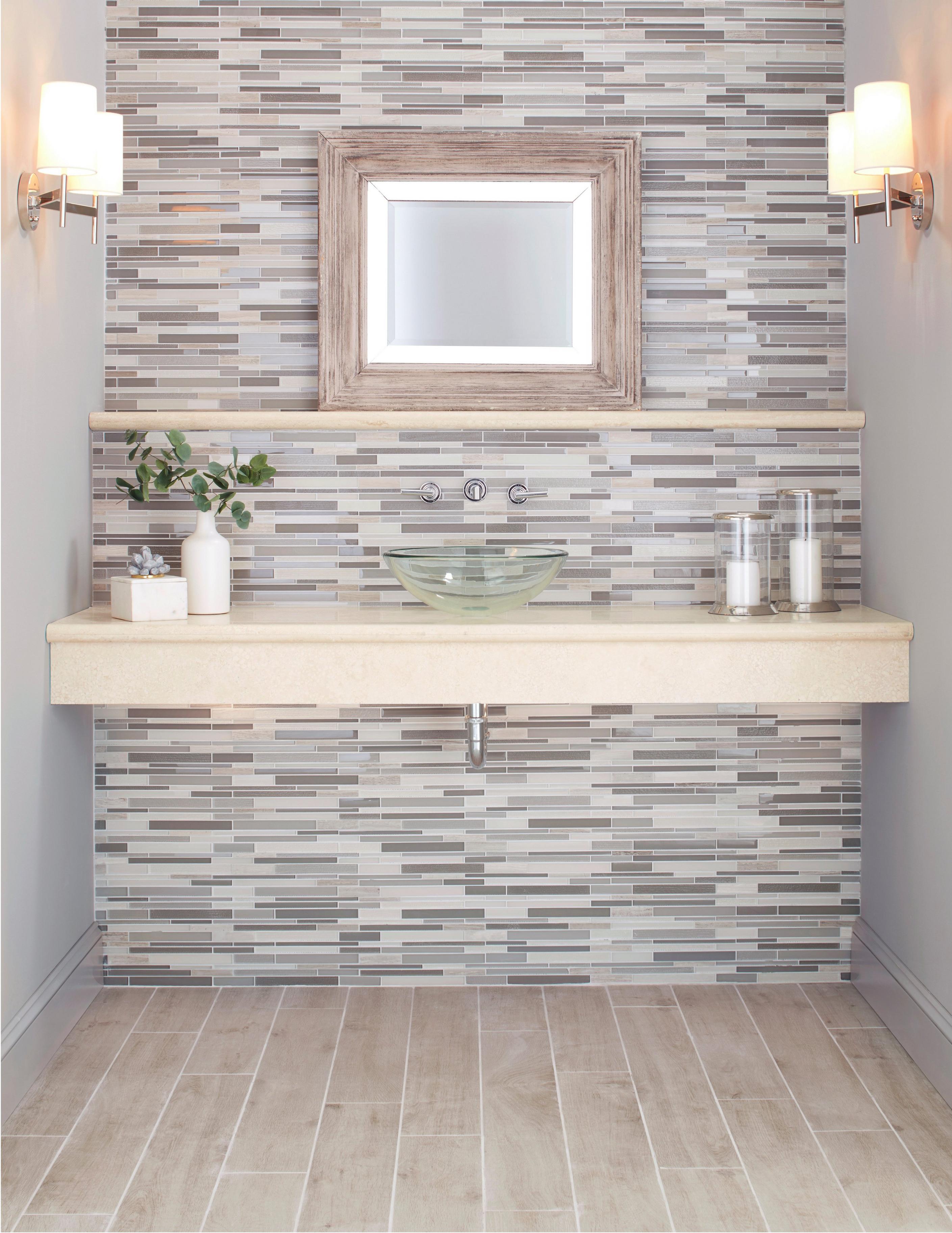 Bath Floor C B Rooms Bathroom Glam Greige Linear Glass Mosaic Tabula Fog Wood Plank Porcelain